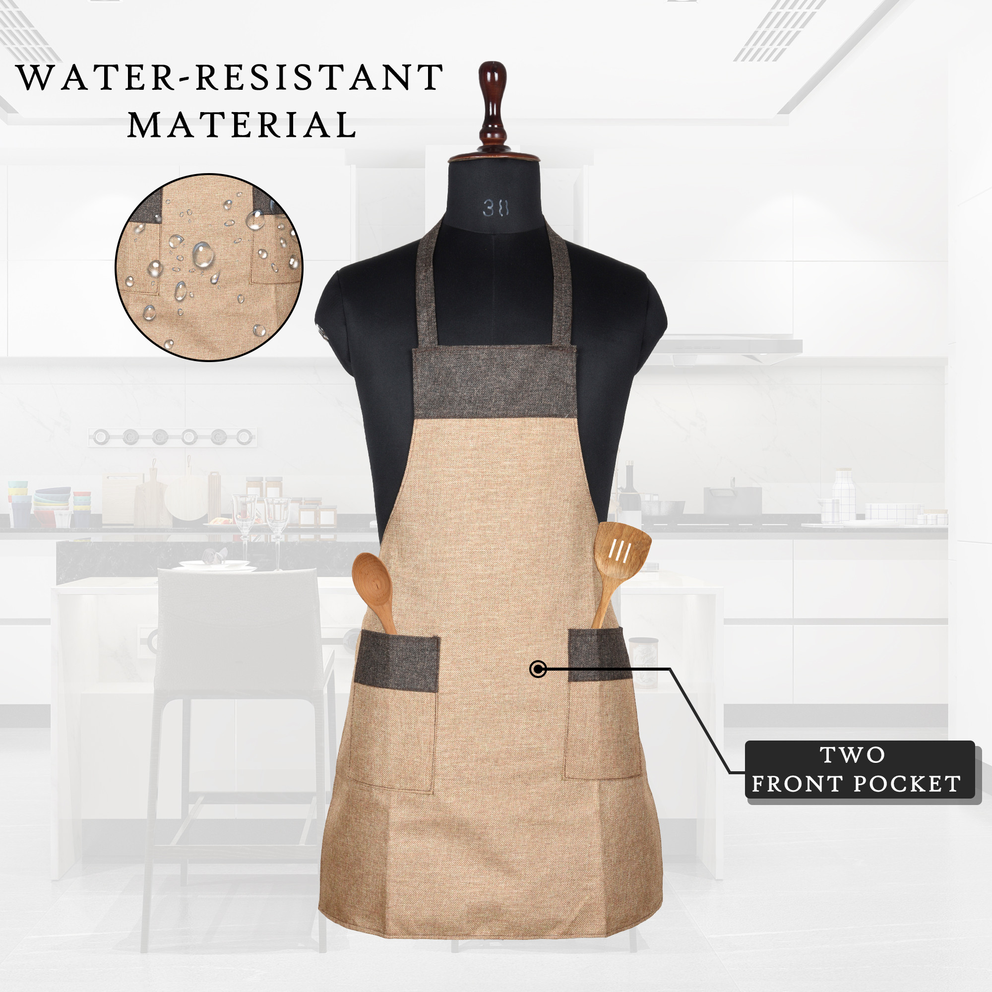 Kuber Industries Kitchen Apron  Apron for Restaurant  Kitchen Dress for Women  Water-Resistant Apron  Housewife Apron  Two Pocket  Jute Fabric  Cooking Apron for Men  Golden