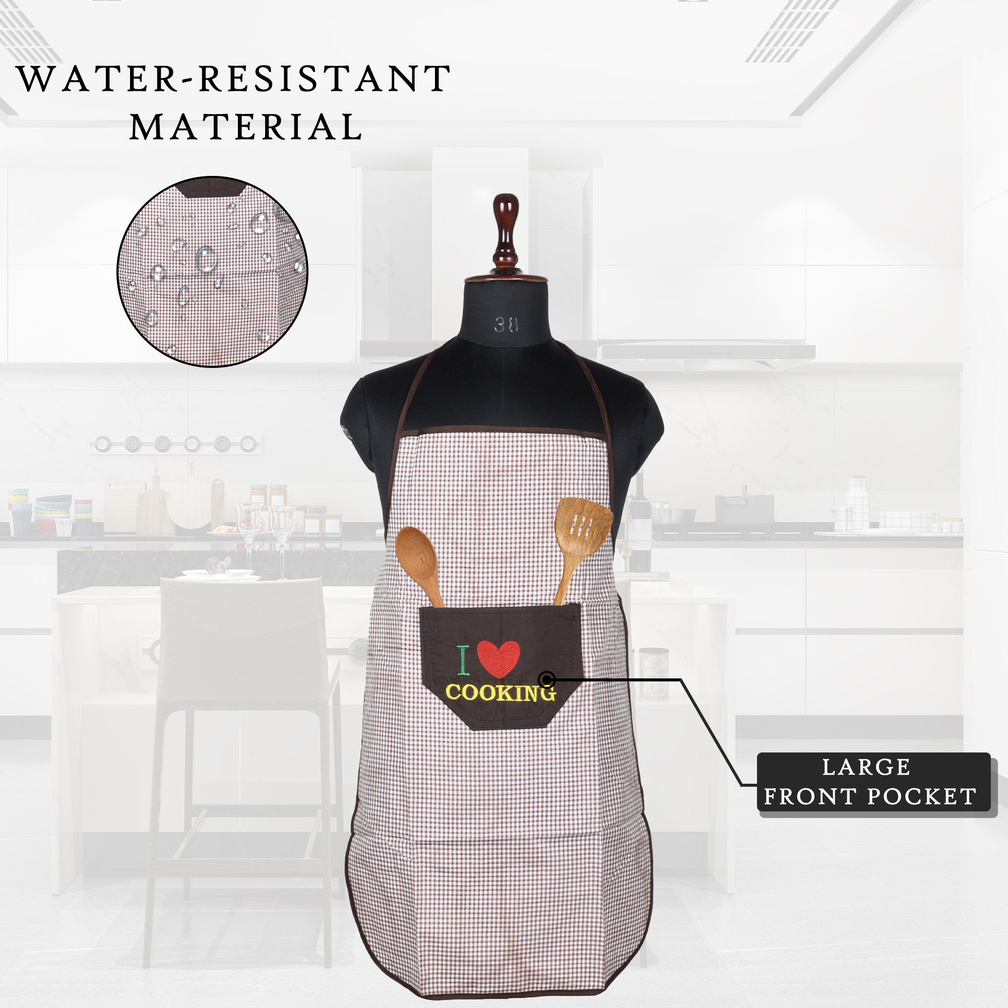 Kuber Industries Kitchen Apron  Apron for Restaurant  Waterproof Apron  Front Pocket  Apron for Chef  Cooking Apron for Men  Kitchen Dress for Women  Barik Check  Brown