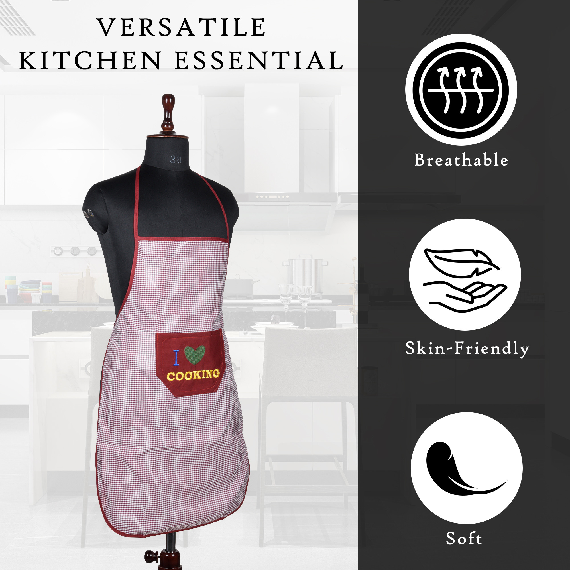 Kuber Industries Kitchen Apron  Apron for Restaurant  Waterproof Apron  Front Pocket  Kitchen Dress for Women  Apron for Chef  Cooking Apron for Men  Barik Check  Maroon