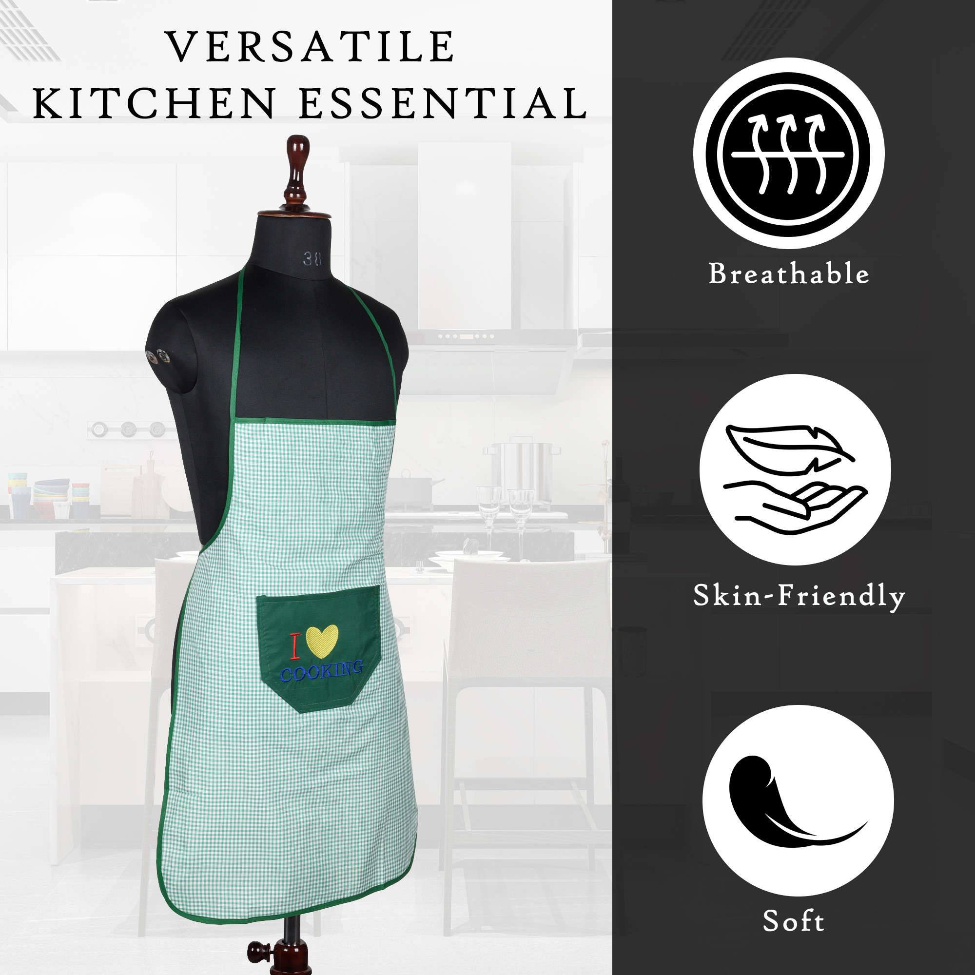 Kuber Industries Kitchen Apron  Apron for Restaurant  Waterproof Apron  Front Pocket  Kitchen Dress for Women  Apron for Chef  Cooking Apron for Men  Barik Check  Green