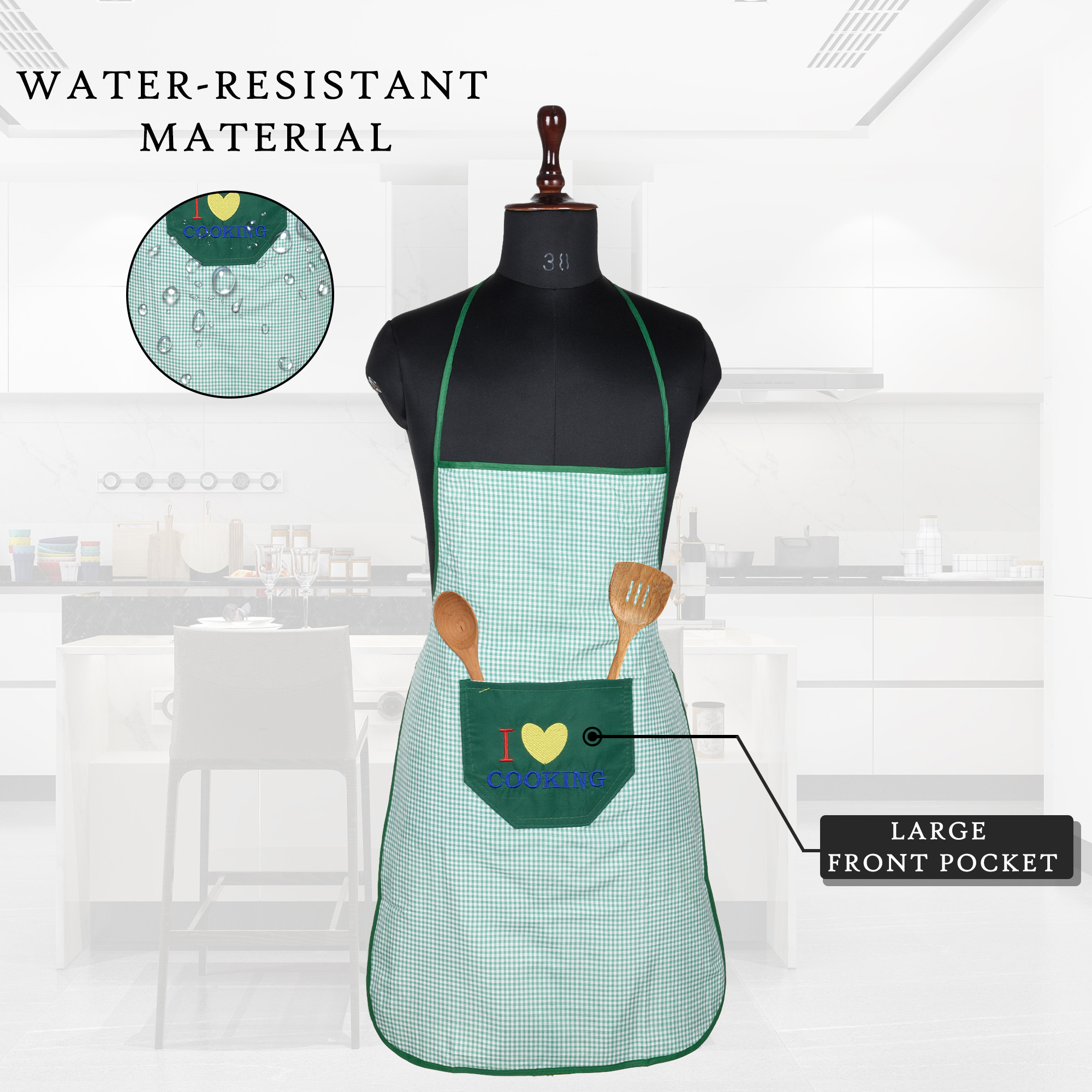 Kuber Industries Kitchen Apron  Apron for Restaurant  Waterproof Apron  Front Pocket  Kitchen Dress for Women  Apron for Chef  Cooking Apron for Men  Barik Check  Green