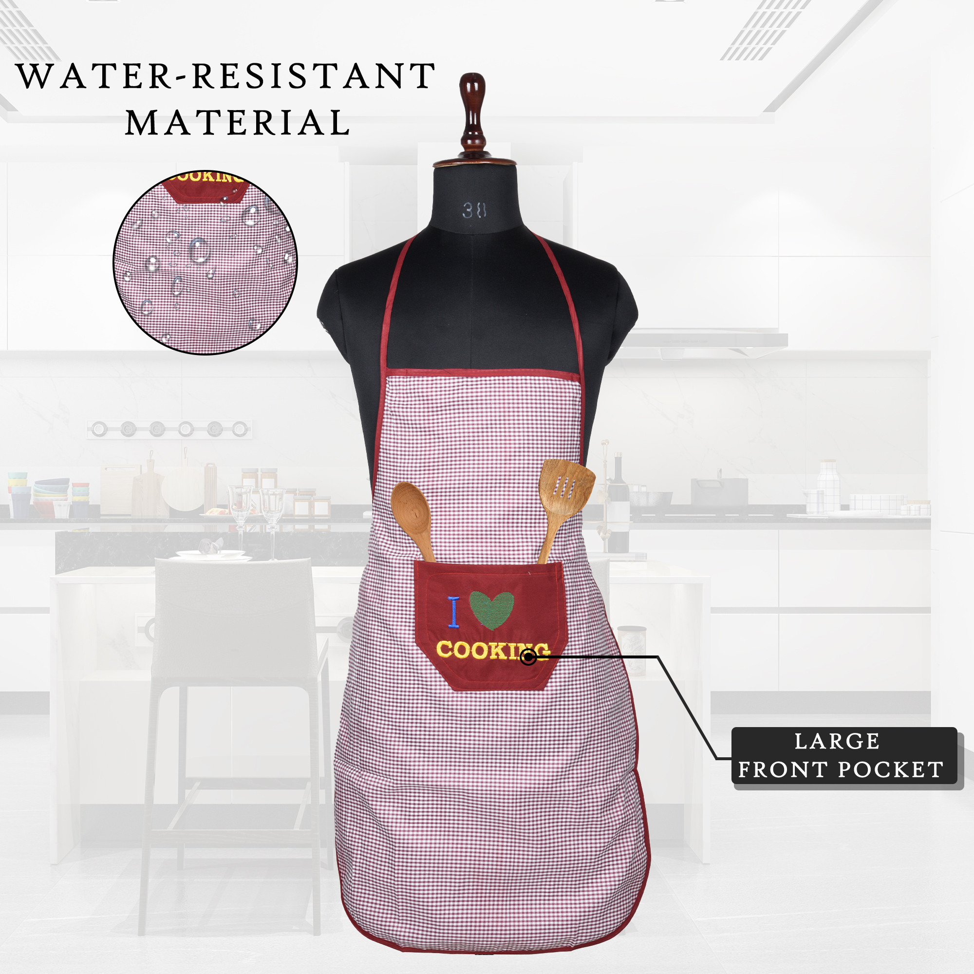 Kuber Industries Kitchen Apron  Apron for Restaurant  Waterproof Apron  Front Pocket  Kitchen Dress for Women  Apron for Chef  Cooking Apron for Men  Barik Check  Maroon