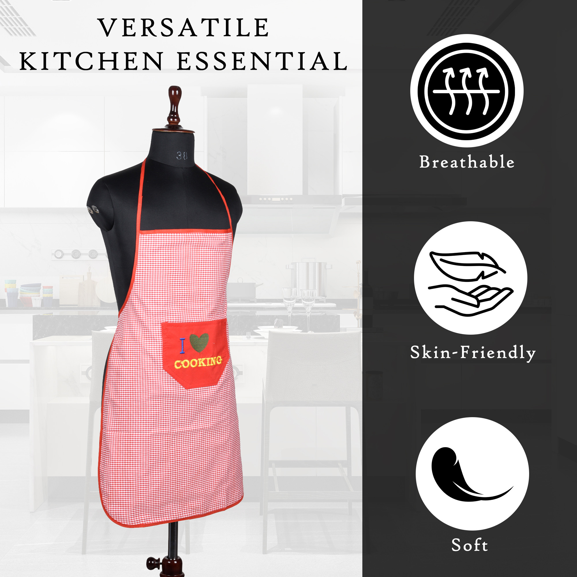 Kuber Industries Kitchen Apron  Cooking Apron for Men  Apron for Restaurant  Apron for Chef  Waterproof Apron  Front Pocket  Kitchen Dress for Women  Barik Check  Red