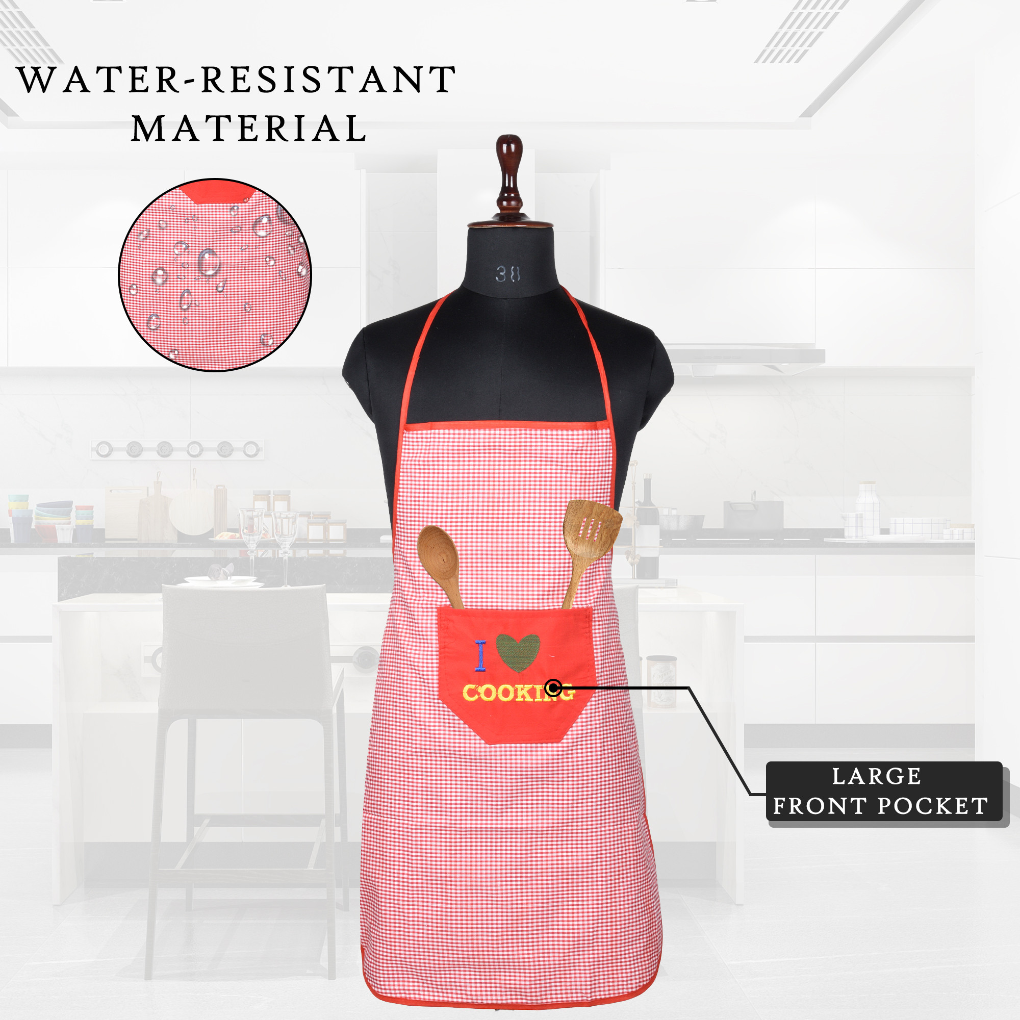 Kuber Industries Kitchen Apron  Cooking Apron for Men  Apron for Restaurant  Apron for Chef  Waterproof Apron  Front Pocket  Kitchen Dress for Women  Barik Check  Red