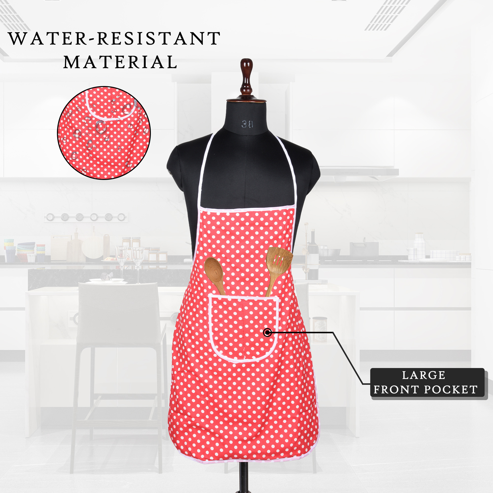 Kuber Industries Kitchen Apron  Cooking Apron for Men  Kitchen Dress for Women  Apron for Chef  Apron for Restaurant  Waterproof Apron  Front Pocket Cooking Cloth  Dot  Red