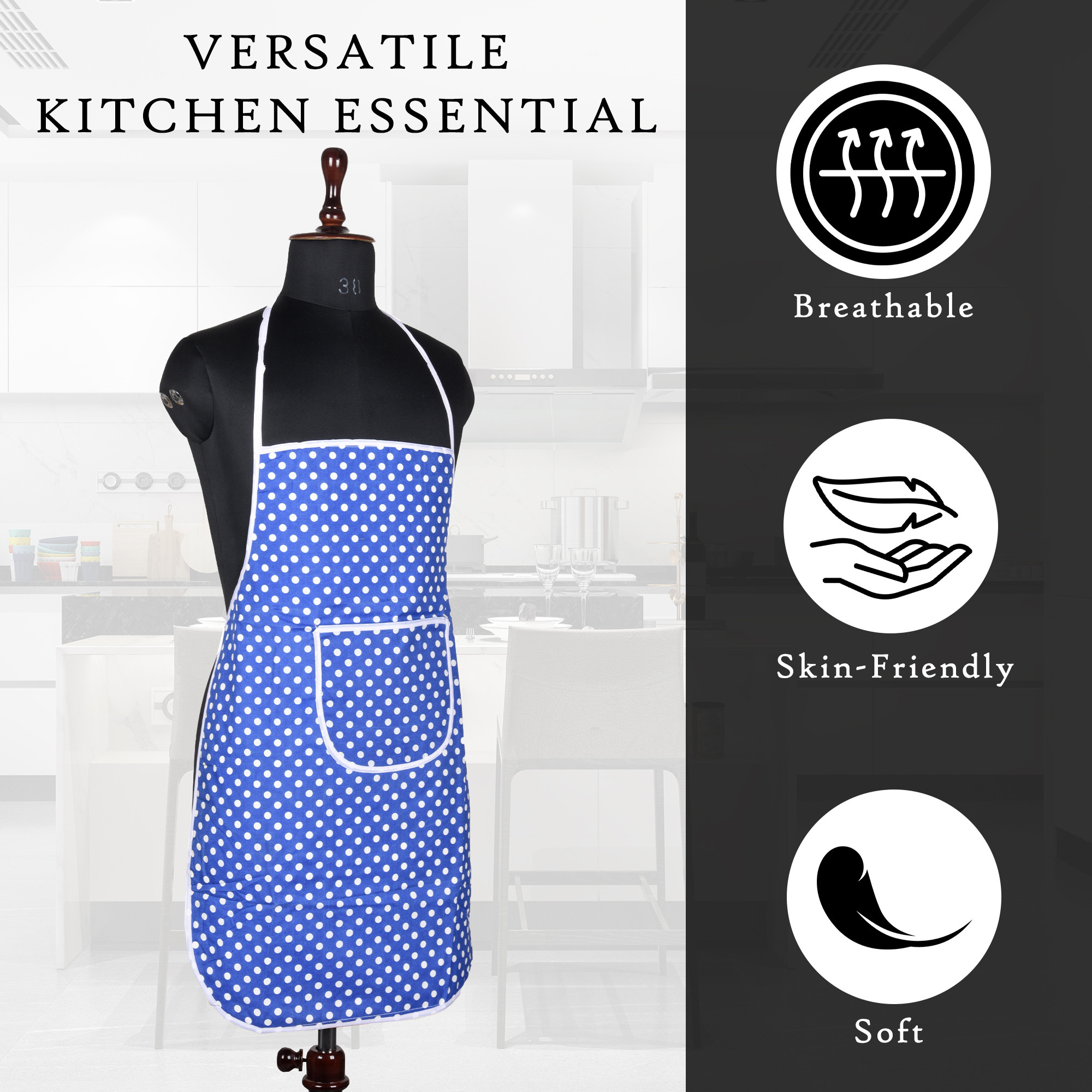 Kuber Industries Kitchen Apron  Cooking Apron for Men  Kitchen Dress for Women  Front Pocket Cooking Cloth  Apron for Chef  Apron for Restaurant  Waterproof Apron  Dot  Blue