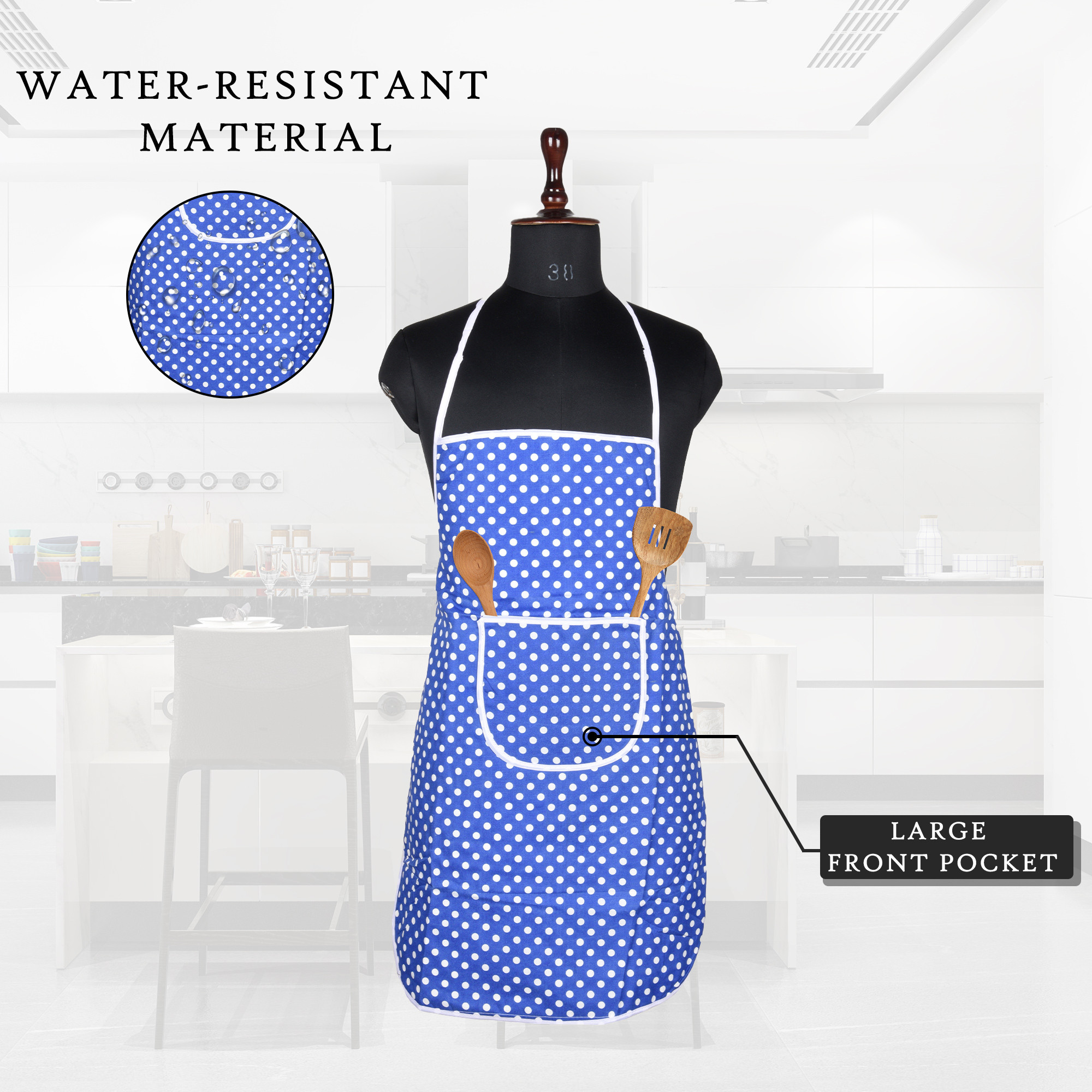 Kuber Industries Kitchen Apron  Cooking Apron for Men  Kitchen Dress for Women  Front Pocket Cooking Cloth  Apron for Chef  Apron for Restaurant  Waterproof Apron  Dot  Blue