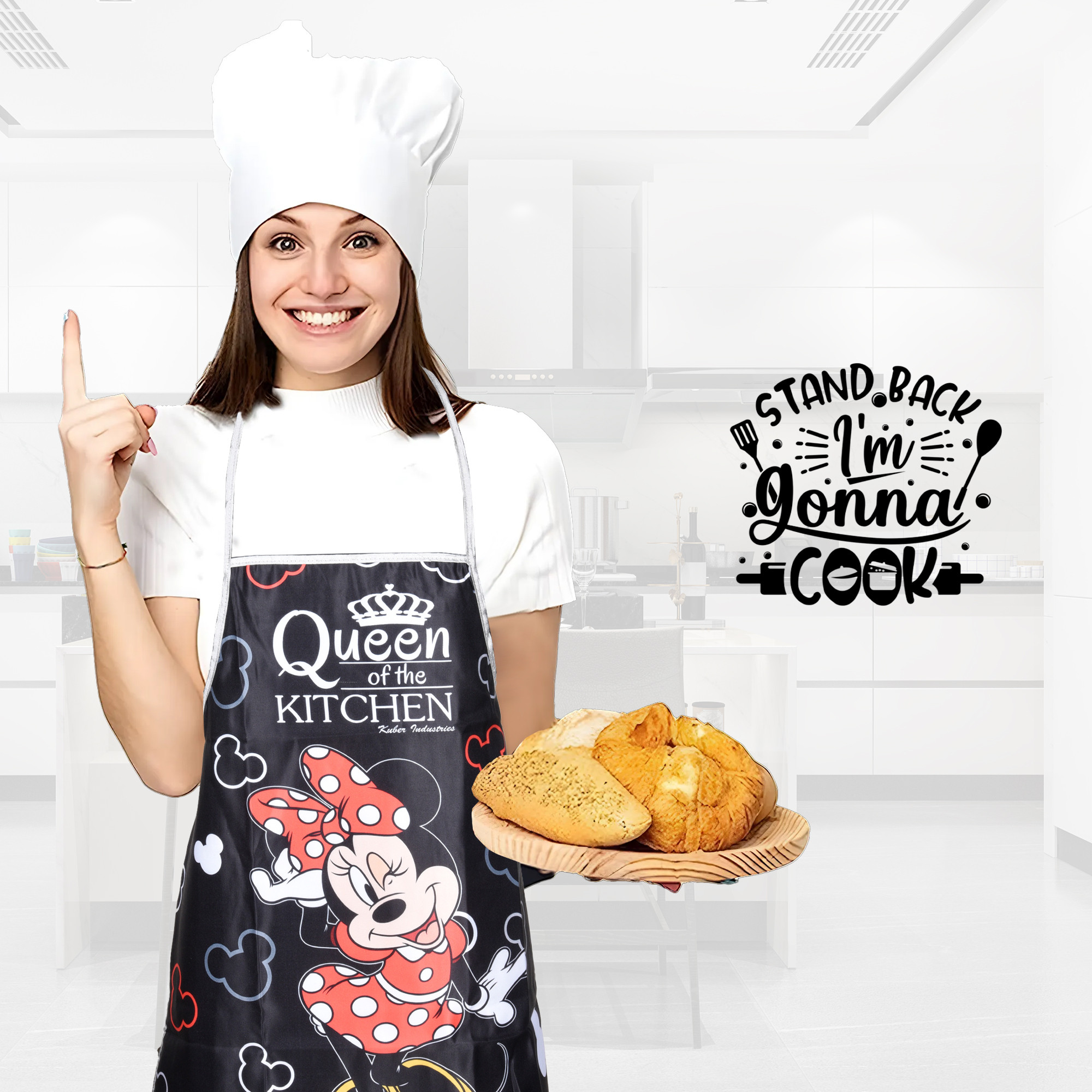 Kuber Industries Kitchen Apron  Disney Minnie Print  Apron for Housewife  Waterproof Apron  Apron for Restaurant  Kitchen Dress for Women  Chef Apron  Cooking Apron for Men  Black