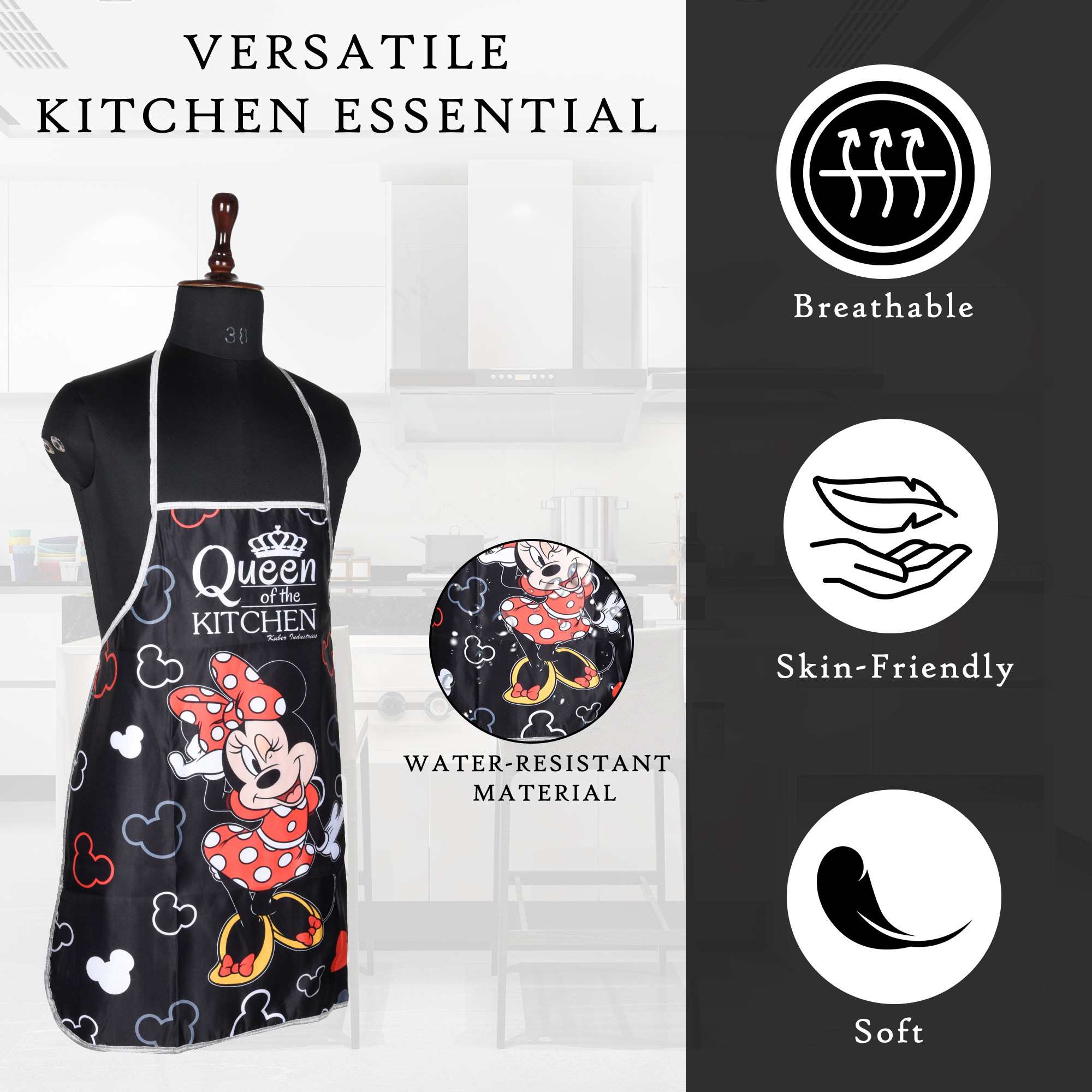 Kuber Industries Kitchen Apron  Disney Minnie Print  Apron for Housewife  Waterproof Apron  Apron for Restaurant  Kitchen Dress for Women  Chef Apron  Cooking Apron for Men  Black