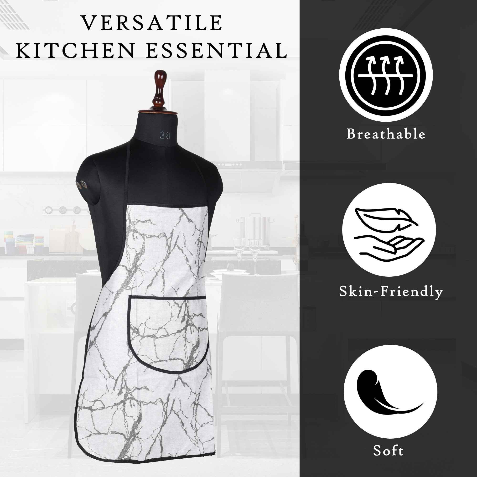 Kuber Industries Kitchen Apron  Front Pocket Cooking Apron  Water Resistance Apron  Tying Cord Apron for Kitchen-Restaurant  Chef Apron for Men  Women  Marble Design  Light Grey