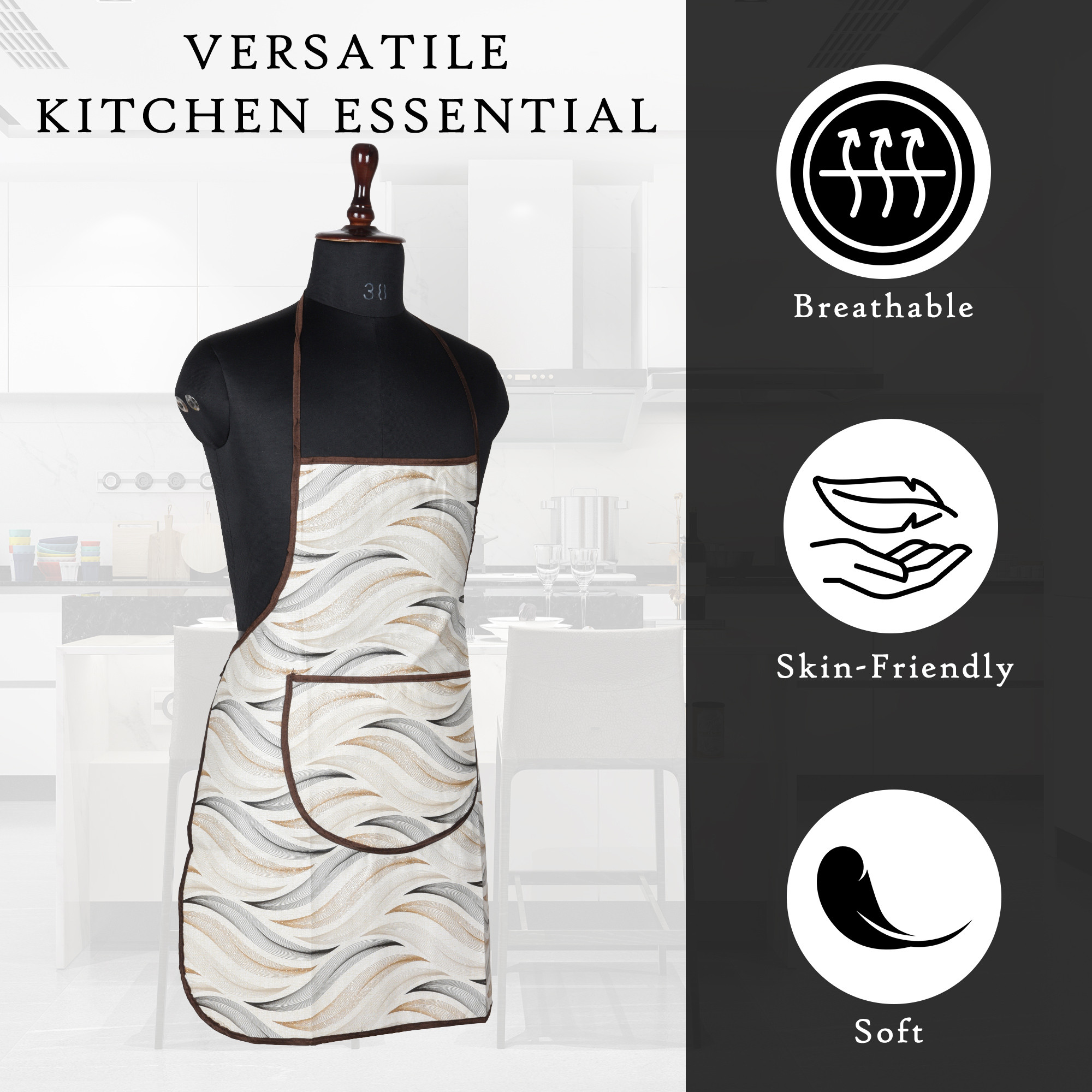 Kuber Industries Kitchen Apron  Front Pocket Cooking Apron  Water Resistance Apron  Tying Cord Apron for Kitchen-Restaurant  Chef Apron for Men  Women  Wave Design  Cream