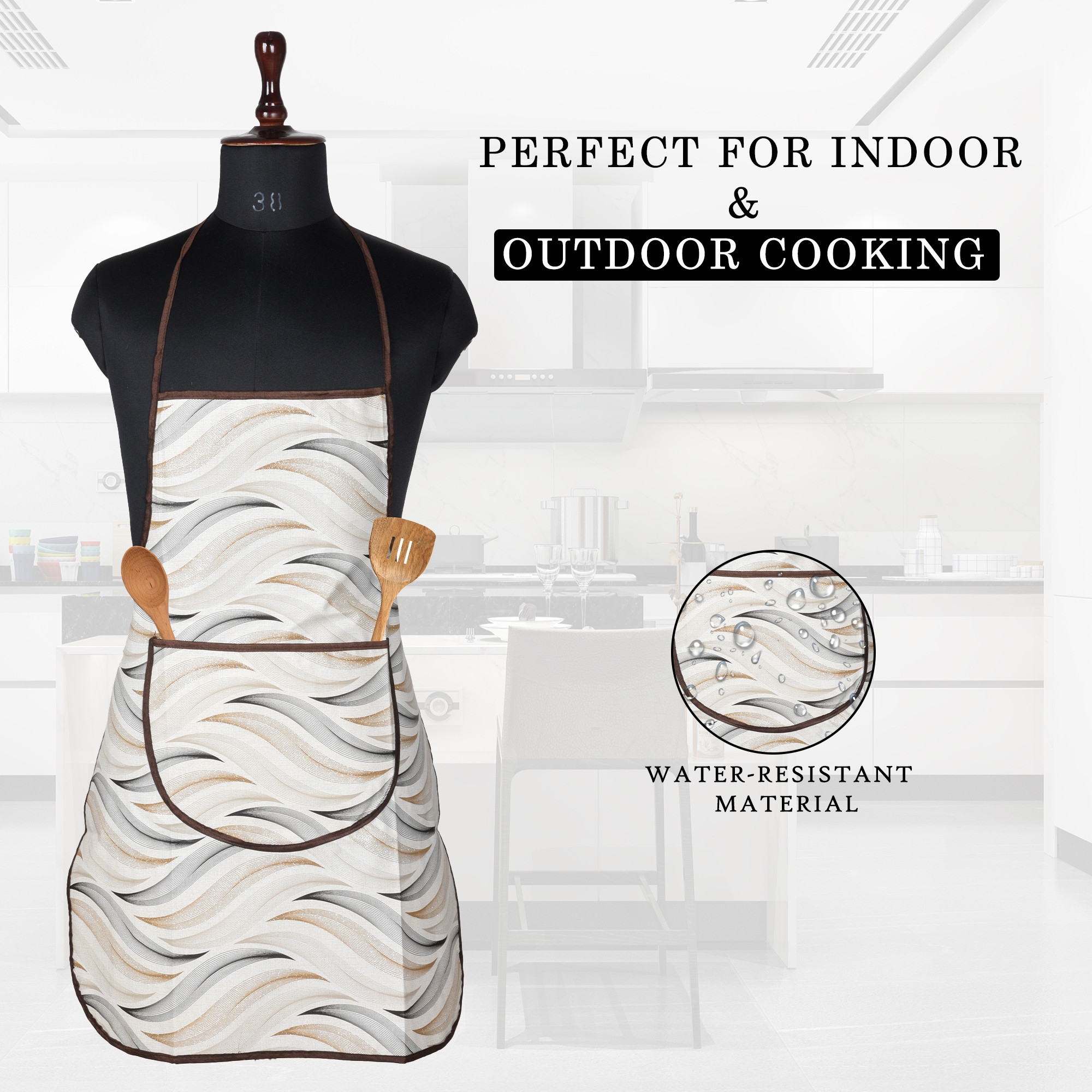 Kuber Industries Kitchen Apron  Front Pocket Cooking Apron  Water Resistance Apron  Tying Cord Apron for Kitchen-Restaurant  Chef Apron for Men  Women  Wave Design  Cream