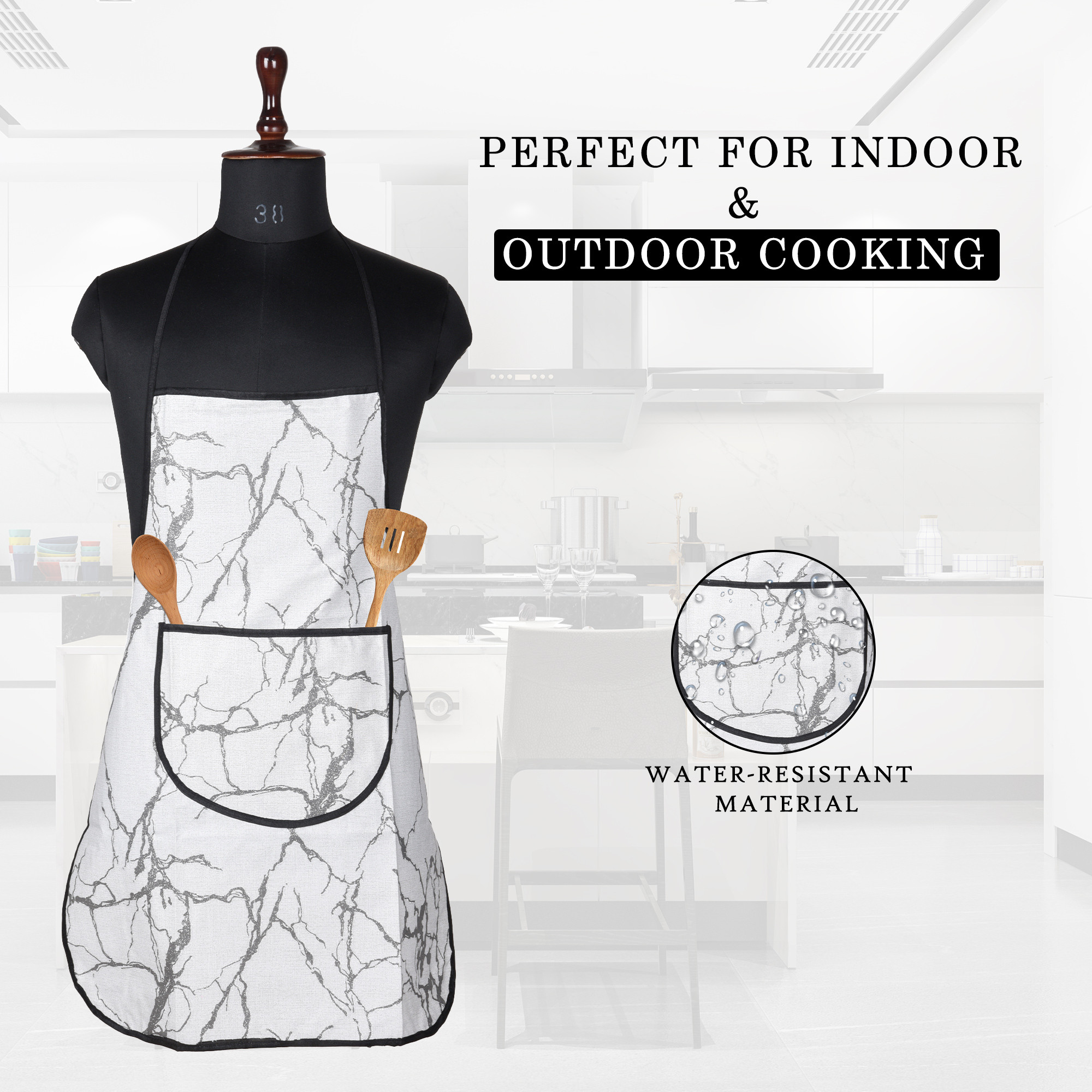 Kuber Industries Kitchen Apron  Front Pocket Cooking Apron  Water Resistance Apron  Tying Cord Apron for Kitchen-Restaurant  Chef Apron for Men  Women  Marble Design  Light Grey