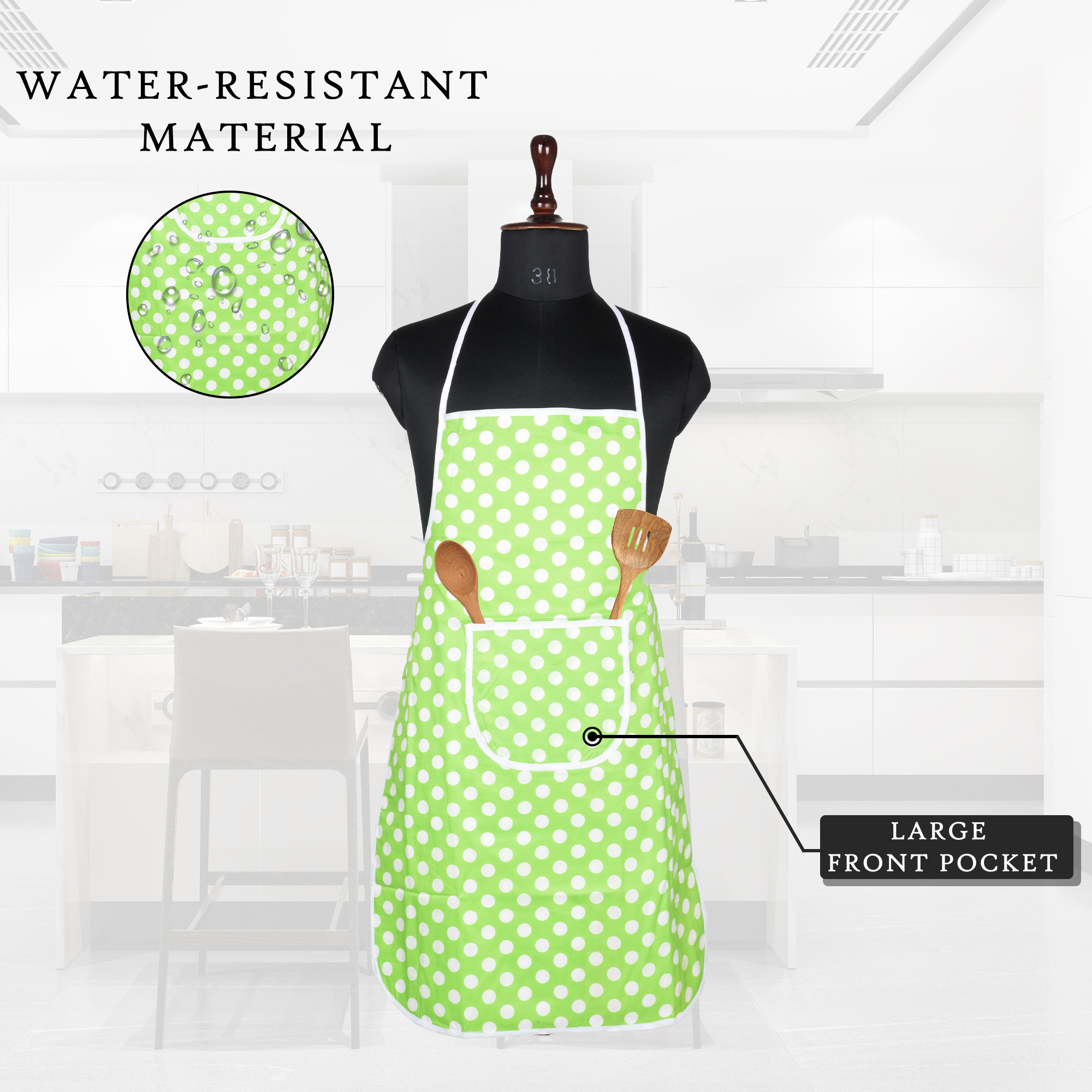 Kuber Industries Kitchen Apron  Front Pocket Cooking Cloth  Cooking Apron for Men  Kitchen Dress for Women  Apron for Chef  Apron for Restaurant  Waterproof Apron  Dot  Green