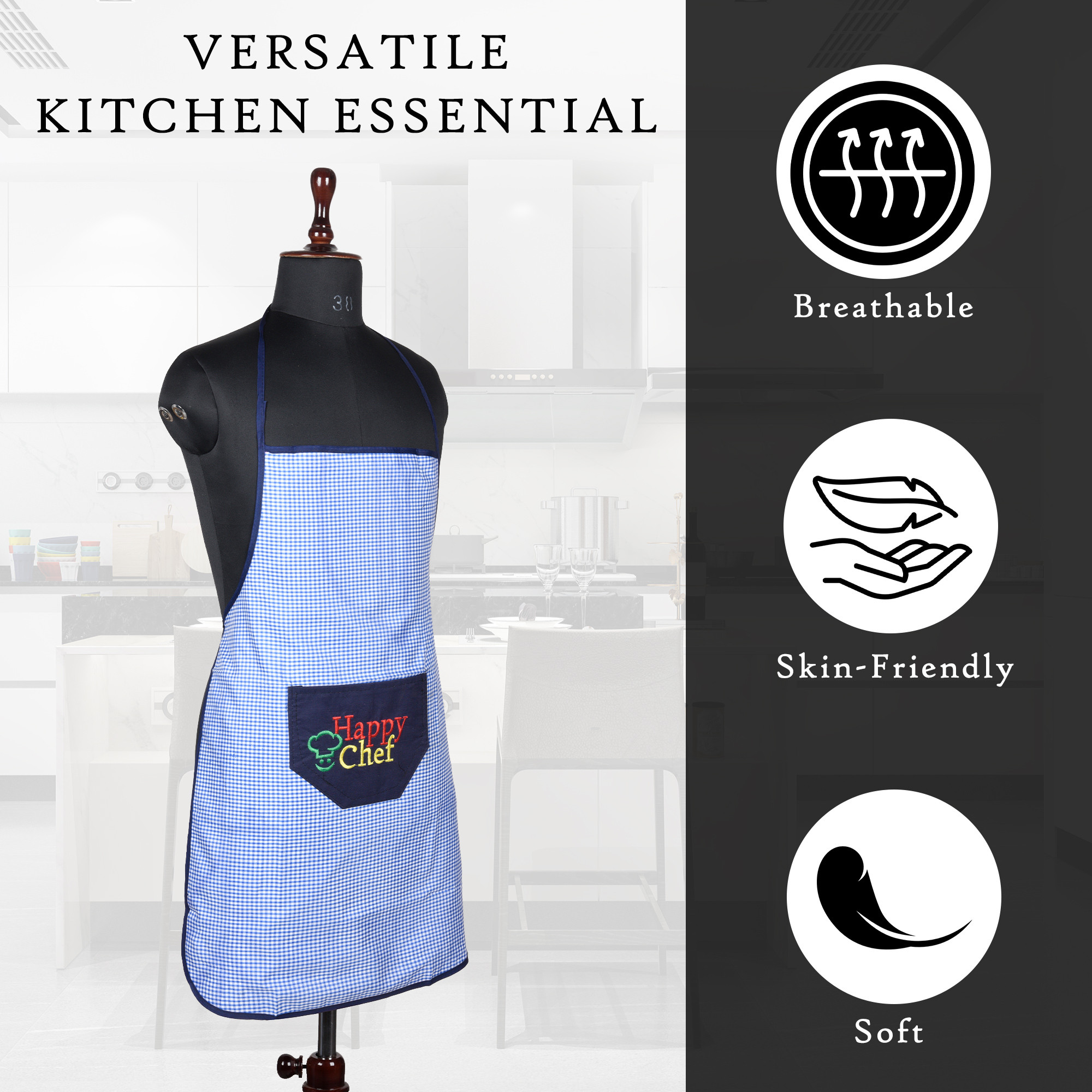 Kuber Industries Kitchen Apron  Kitchen Dress for Women  Apron for Restaurant  Front Pocket  Waterproof Apron  Apron for Chef  Cooking Apron for Men  Barik Check  Blue