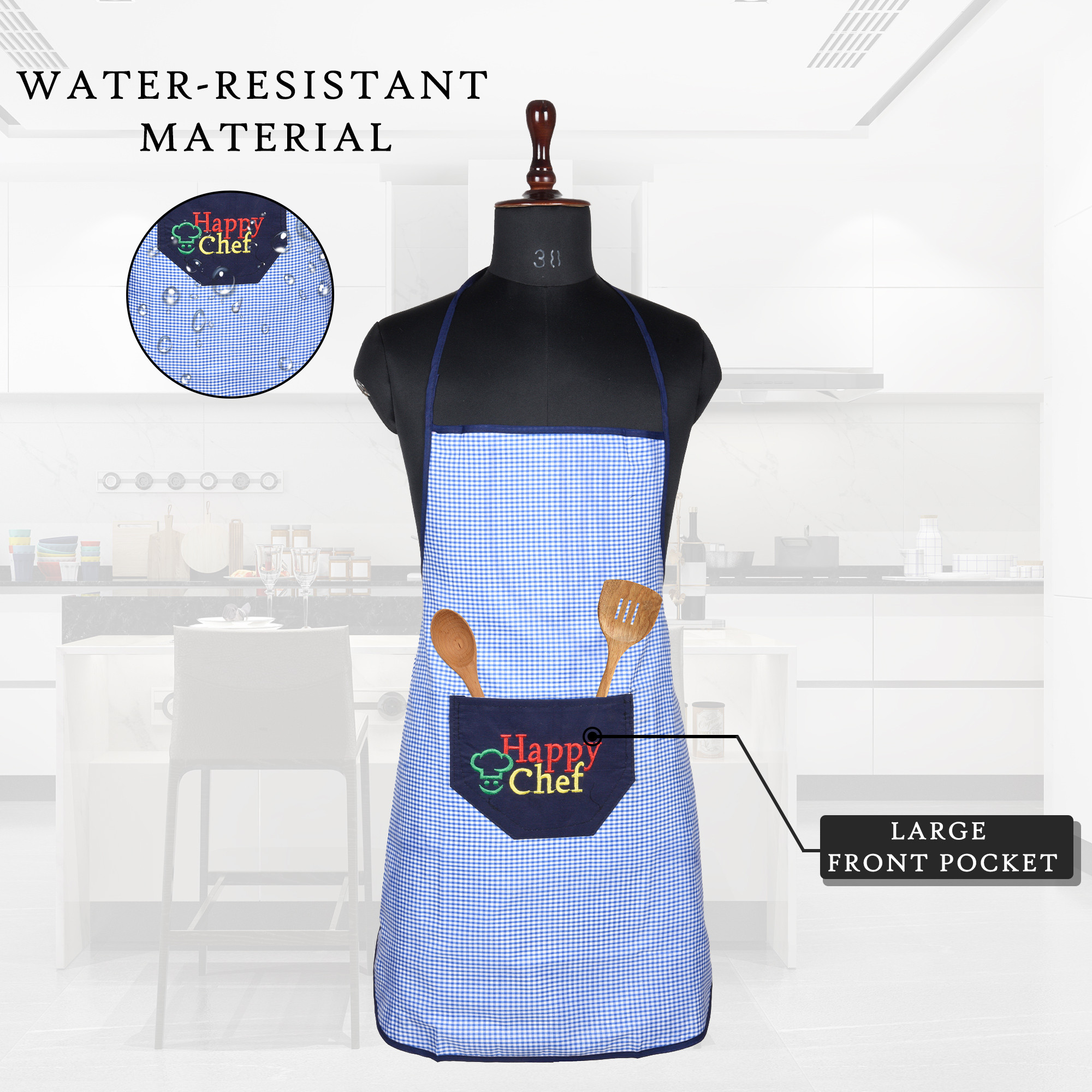 Kuber Industries Kitchen Apron  Kitchen Dress for Women  Apron for Restaurant  Front Pocket  Waterproof Apron  Apron for Chef  Cooking Apron for Men  Barik Check  Blue