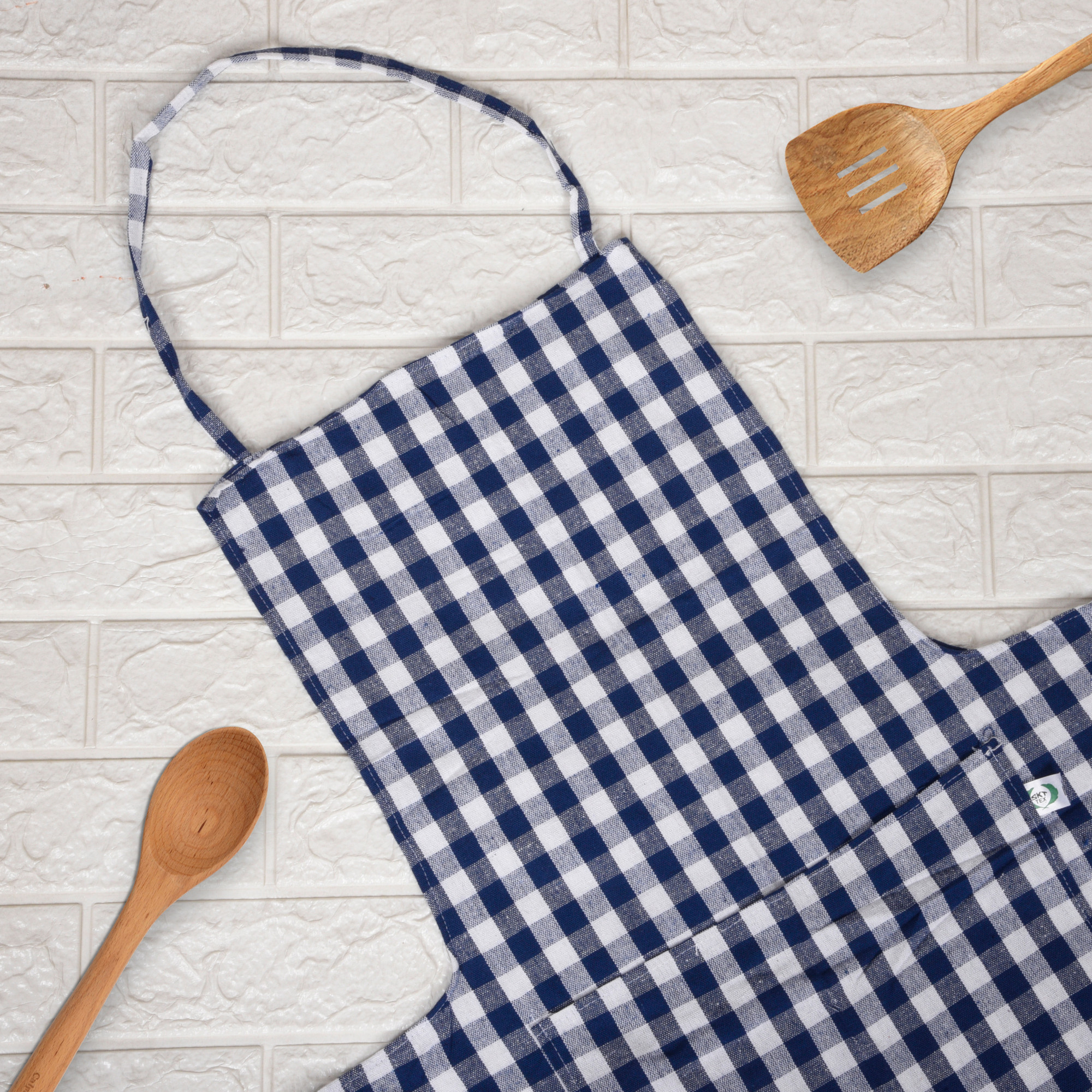 Kuber Industries Kitchen Apron  Kitchen Dress for Women  Apron for Restaurant  Housewife Apron  Front Pocket  Apron for Chef  Cooking Apron for Men  Mota Check  Blue