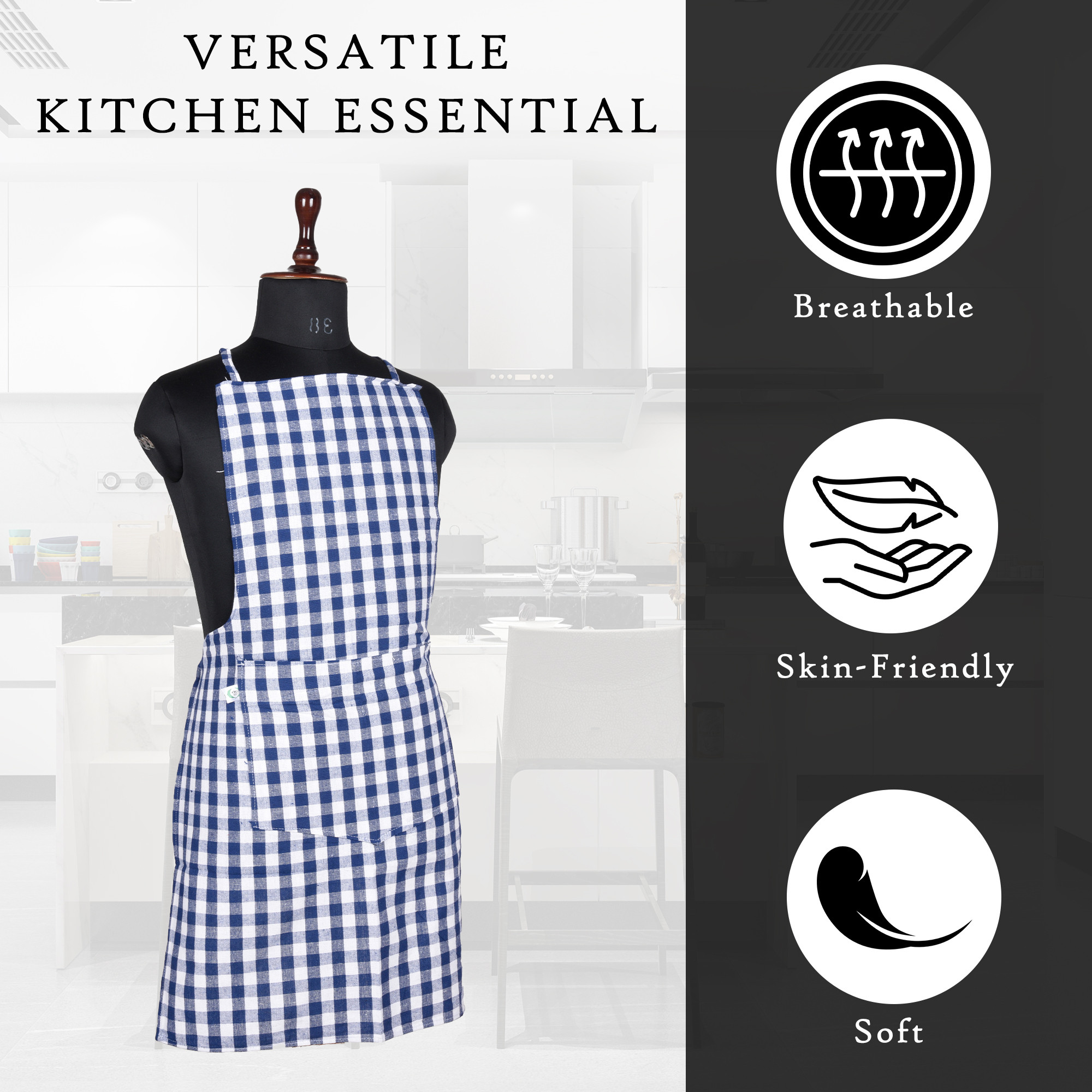 Kuber Industries Kitchen Apron  Kitchen Dress for Women  Apron for Restaurant  Housewife Apron  Front Pocket  Apron for Chef  Cooking Apron for Men  Mota Check  Blue