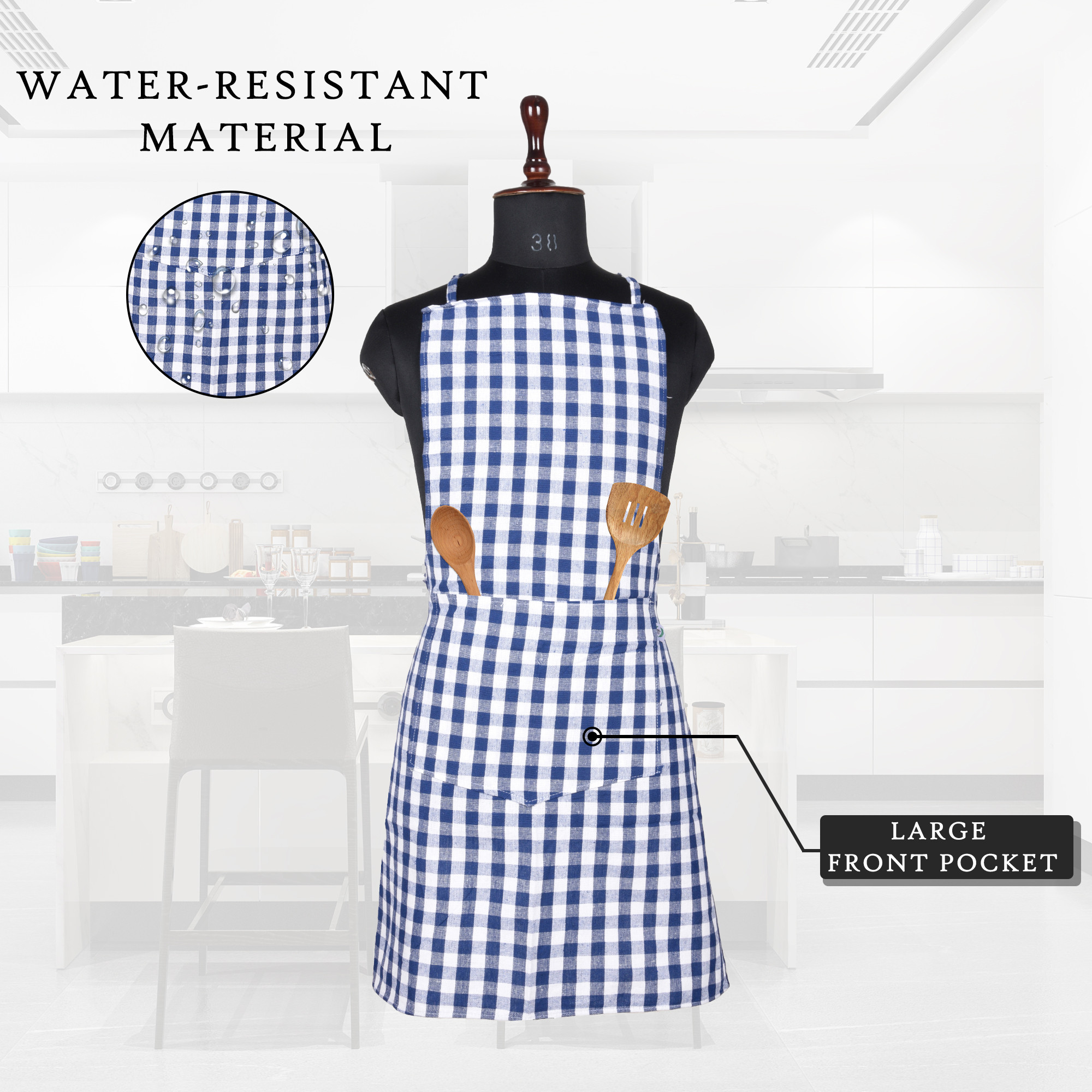 Kuber Industries Kitchen Apron  Kitchen Dress for Women  Apron for Restaurant  Housewife Apron  Front Pocket  Apron for Chef  Cooking Apron for Men  Mota Check  Blue