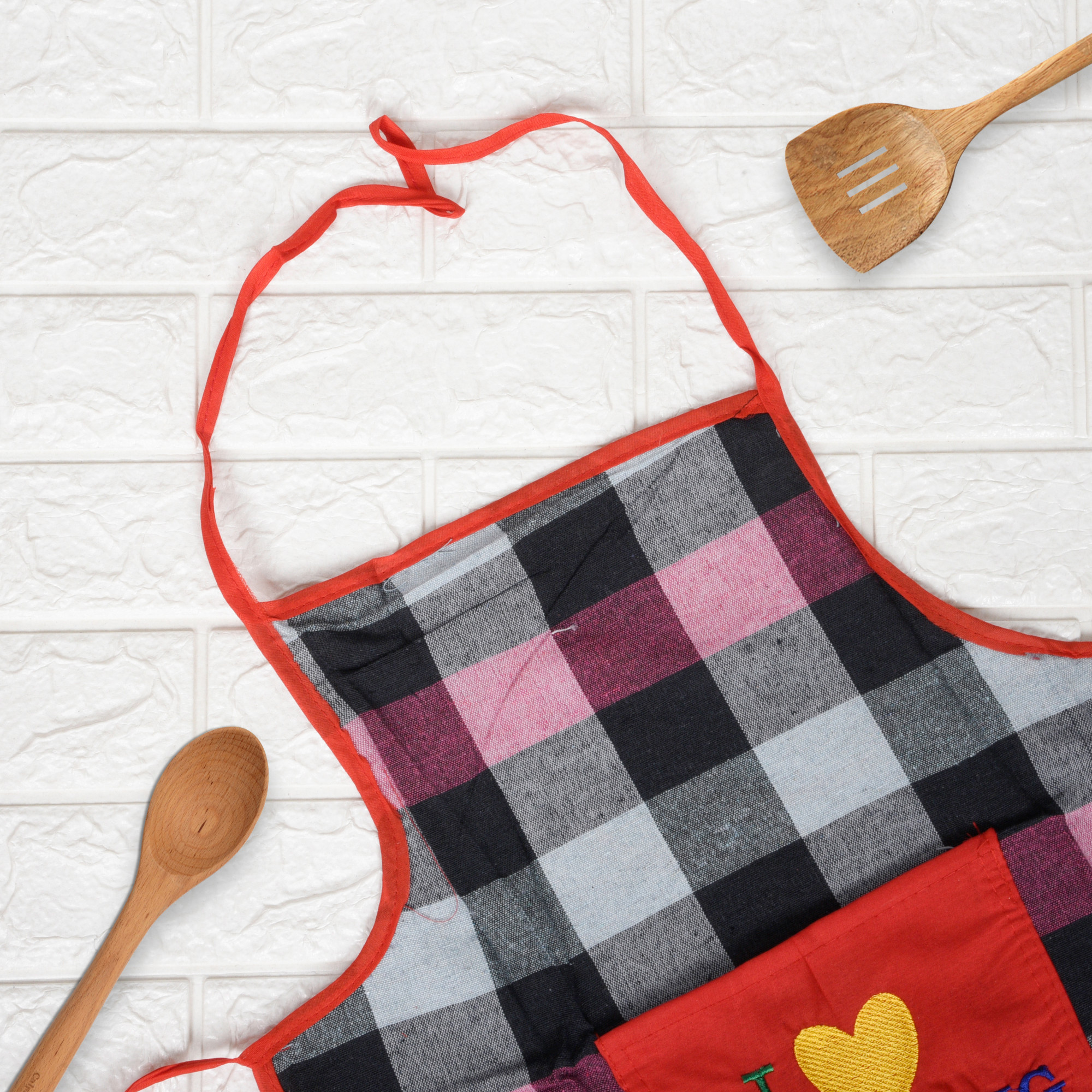 Kuber Industries Kitchen Apron  Kitchen Dress for Women  Front Pocket  Apron for Restaurant  Waterproof Apron  Apron for Chef  Cooking Apron for Men  Bada Check  Red