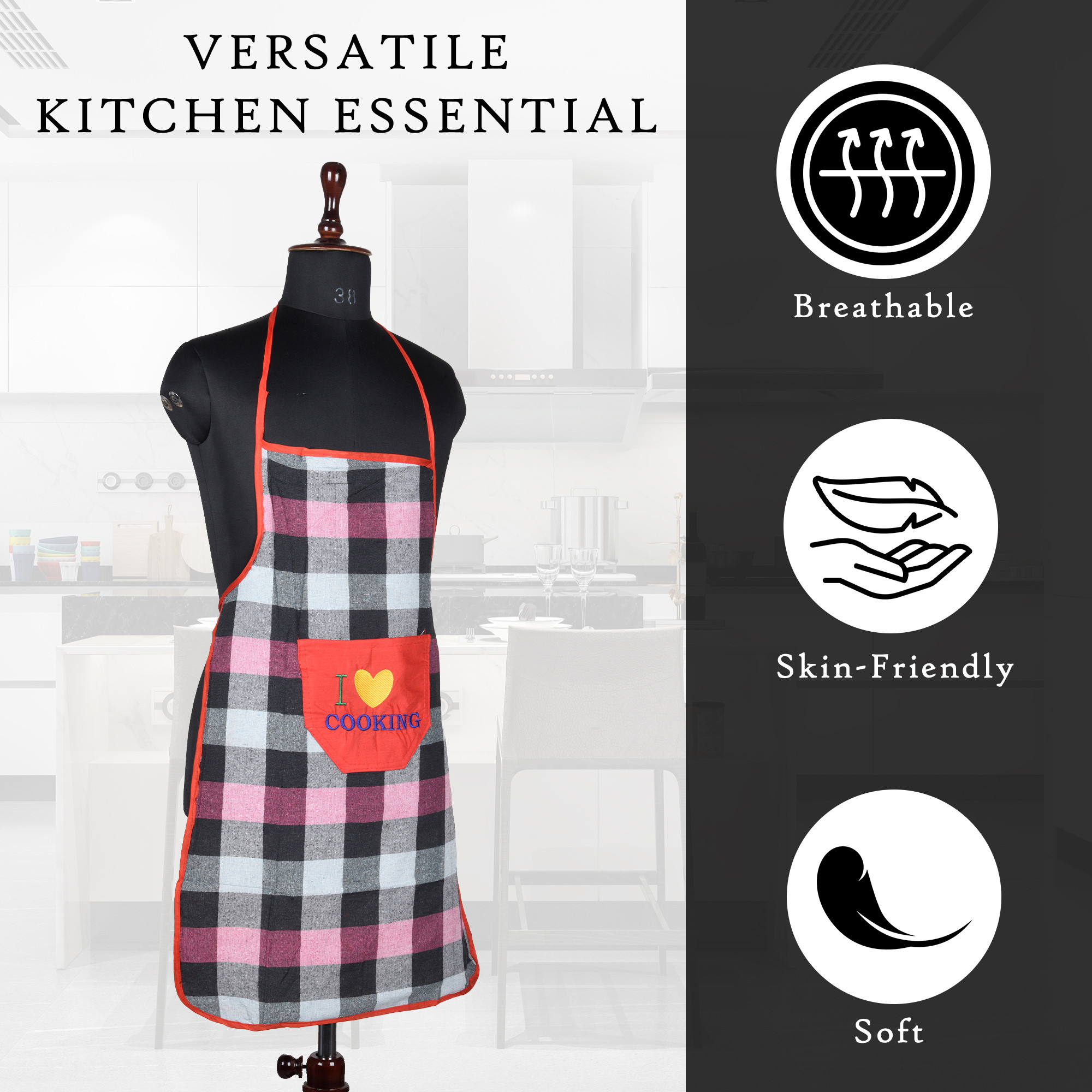 Kuber Industries Kitchen Apron  Kitchen Dress for Women  Front Pocket  Apron for Restaurant  Waterproof Apron  Apron for Chef  Cooking Apron for Men  Bada Check  Red