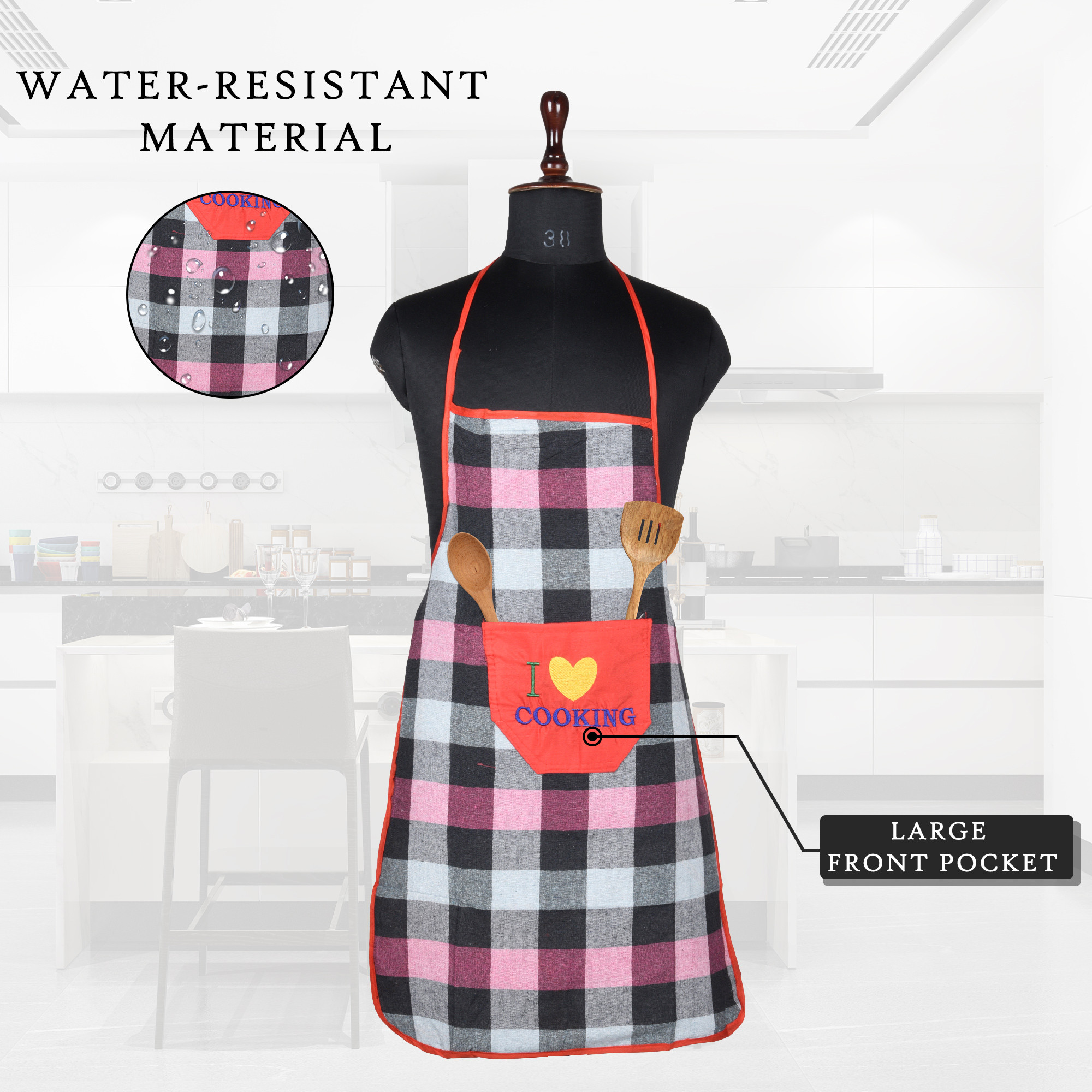 Kuber Industries Kitchen Apron  Kitchen Dress for Women  Front Pocket  Apron for Restaurant  Waterproof Apron  Apron for Chef  Cooking Apron for Men  Bada Check  Red