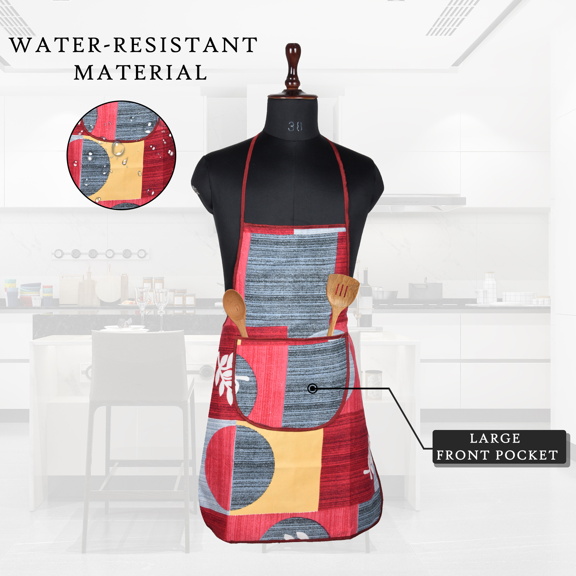 Kuber Industries Kitchen Apron  Kitchen Dress for Women  Water-Resistant Apron  Apron for Restaurant  Front Pocket  Apron for Chef  Cooking Apron for Men  Printed  Red