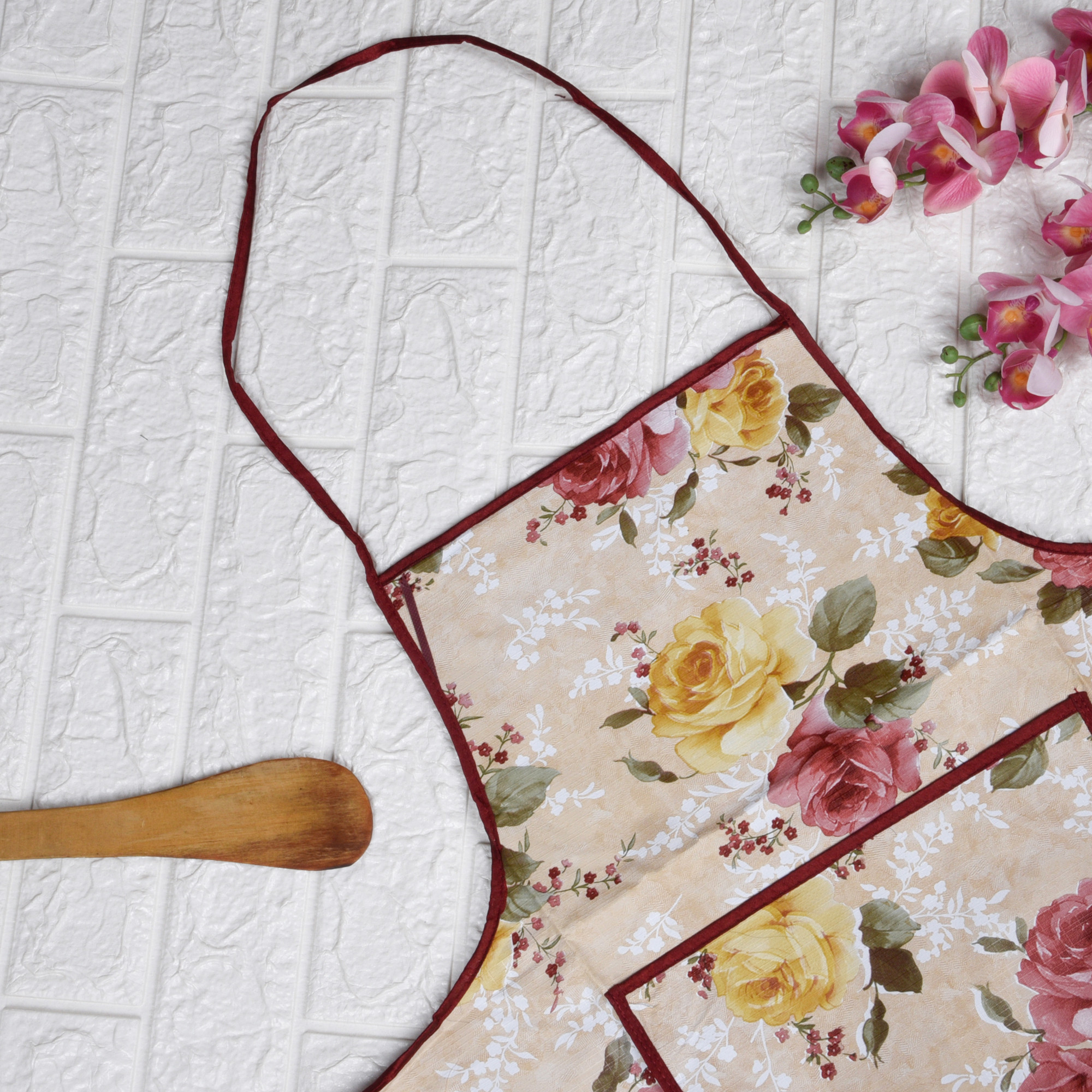 Kuber Industries Kitchen Apron  Kitchen Dress for Women  Waterproof Apron  Apron for Restaurant  Front Pocket  Apron for Chef  Cooking Apron for Men  Flower Print  Beige