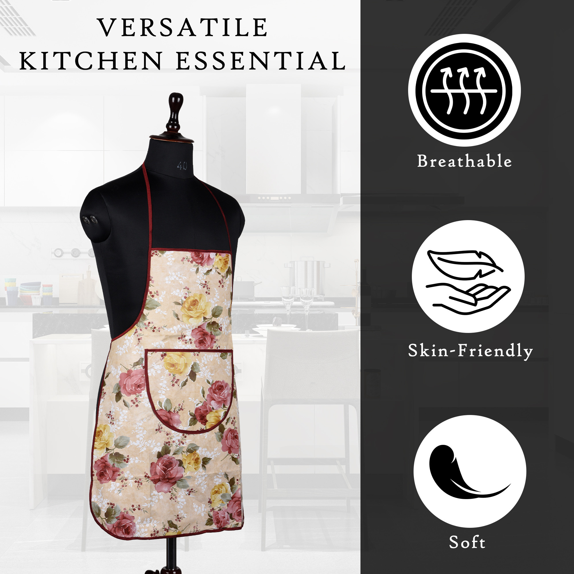 Kuber Industries Kitchen Apron  Kitchen Dress for Women  Waterproof Apron  Apron for Restaurant  Front Pocket  Apron for Chef  Cooking Apron for Men  Flower Print  Beige