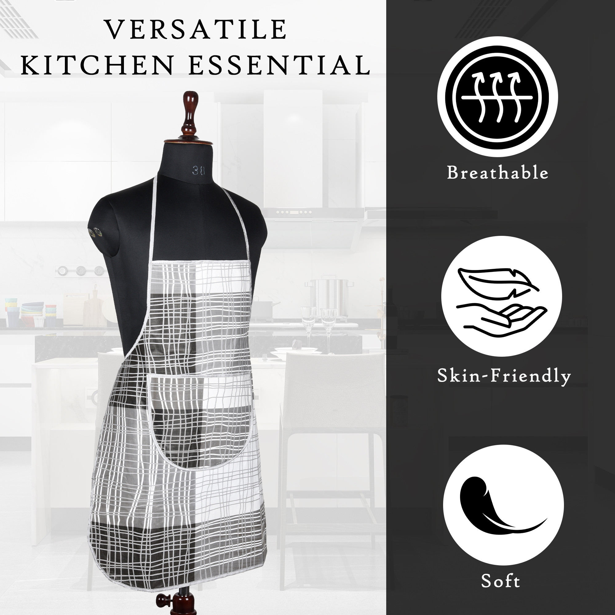 Kuber Industries Kitchen Apron  Kitchen Dress for Women  Waterproof Apron  Apron for Restaurant  Front Pocket  Apron for Chef  Cooking Apron for Men  Black Lining Print  Grey