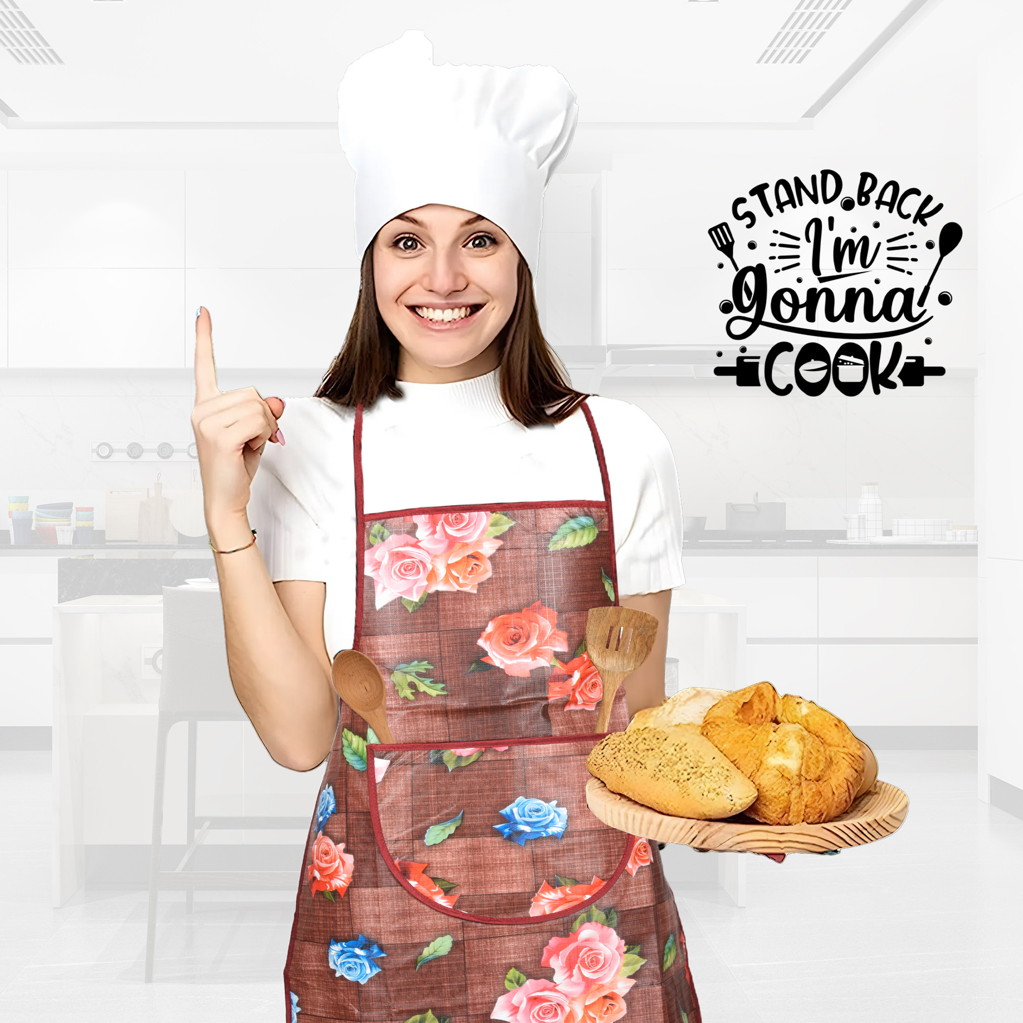 Kuber Industries Kitchen Apron  Kitchen Dress for Women  Waterproof Apron  Apron for Restaurant  Front Pocket  Apron for Chef  Cooking Apron for Men  Gulab Print  Maroon