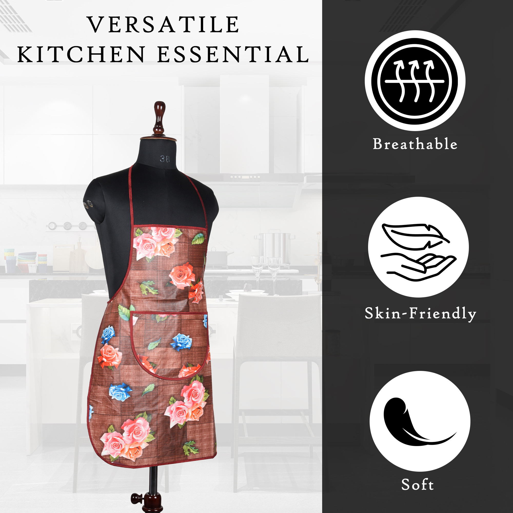 Kuber Industries Kitchen Apron  Kitchen Dress for Women  Waterproof Apron  Apron for Restaurant  Front Pocket  Apron for Chef  Cooking Apron for Men  Gulab Print  Maroon