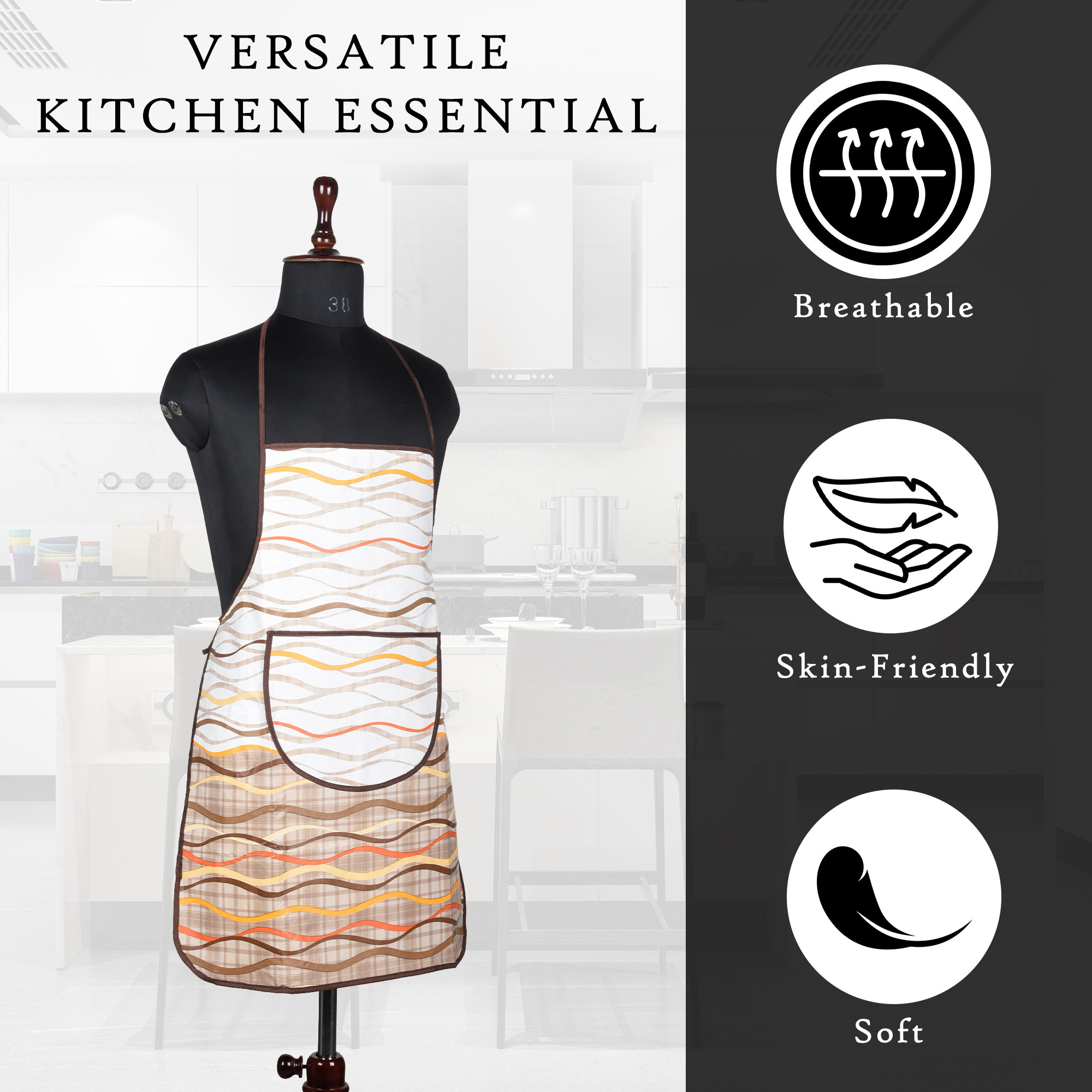 Kuber Industries Kitchen Apron  Kitchen Dress for Women  Waterproof Apron  Apron for Restaurant  Front Pocket  Apron for Chef  Cooking Apron for Men  Wave Print  Cream