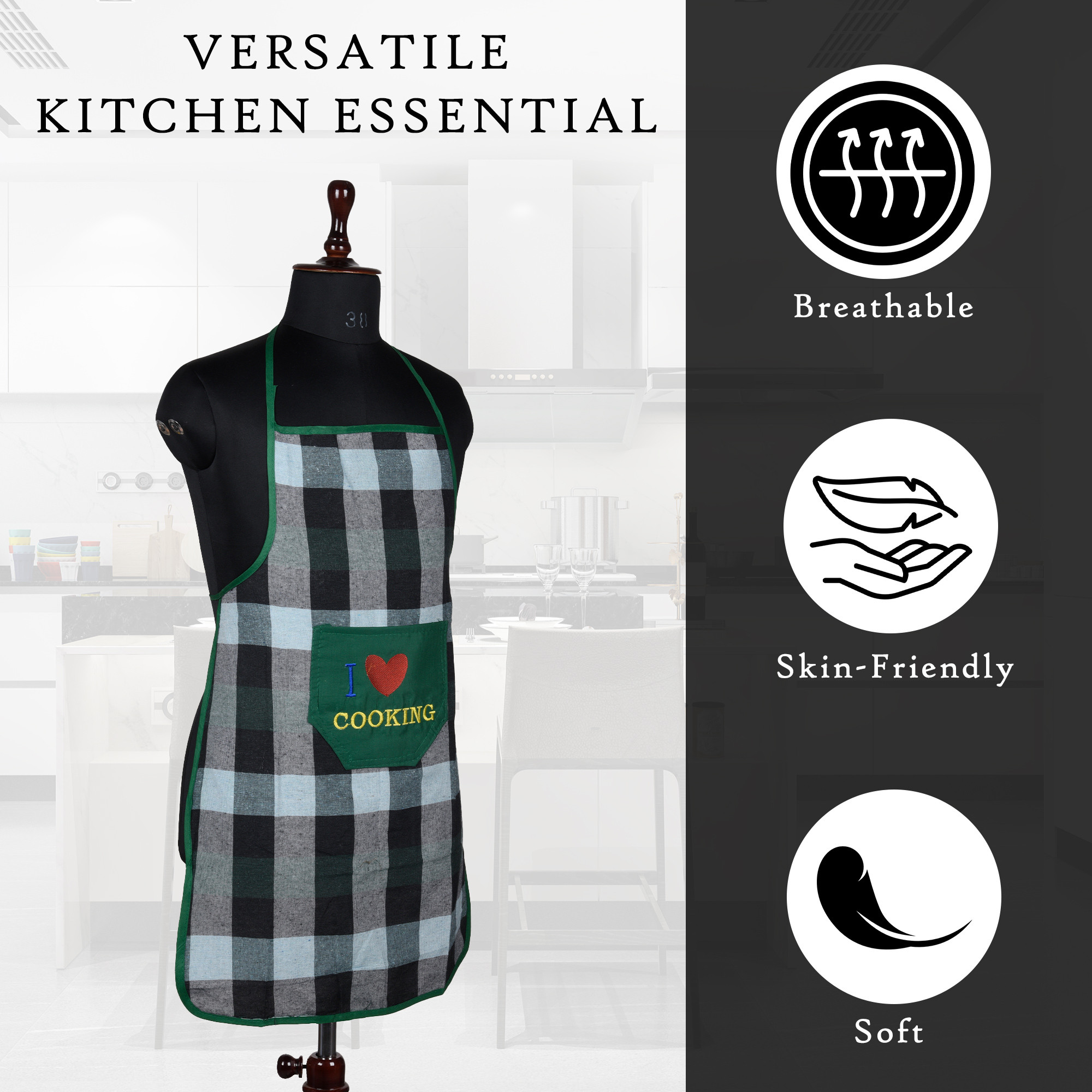 Kuber Industries Kitchen Apron  Kitchen Dress for Women  Waterproof Apron  Apron for Restaurant  Front Pocket  Apron for Chef  Cooking Apron for Men  Bada Check  Green