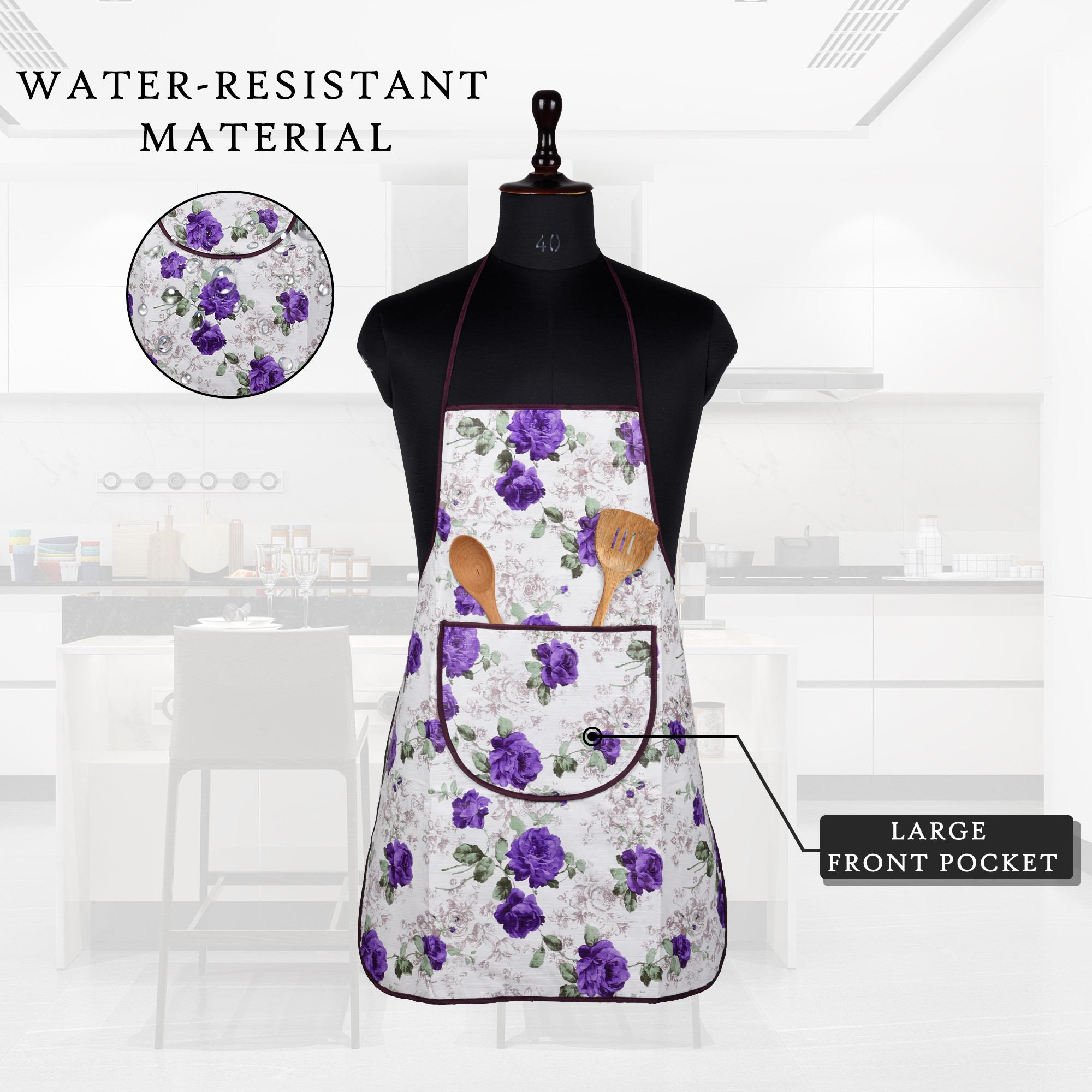 Kuber Industries Kitchen Apron  Kitchen Dress for Women  Waterproof Apron  Apron for Restaurant  Front Pocket  Apron for Chef  Cooking Apron for Men  Flower Print  Purple