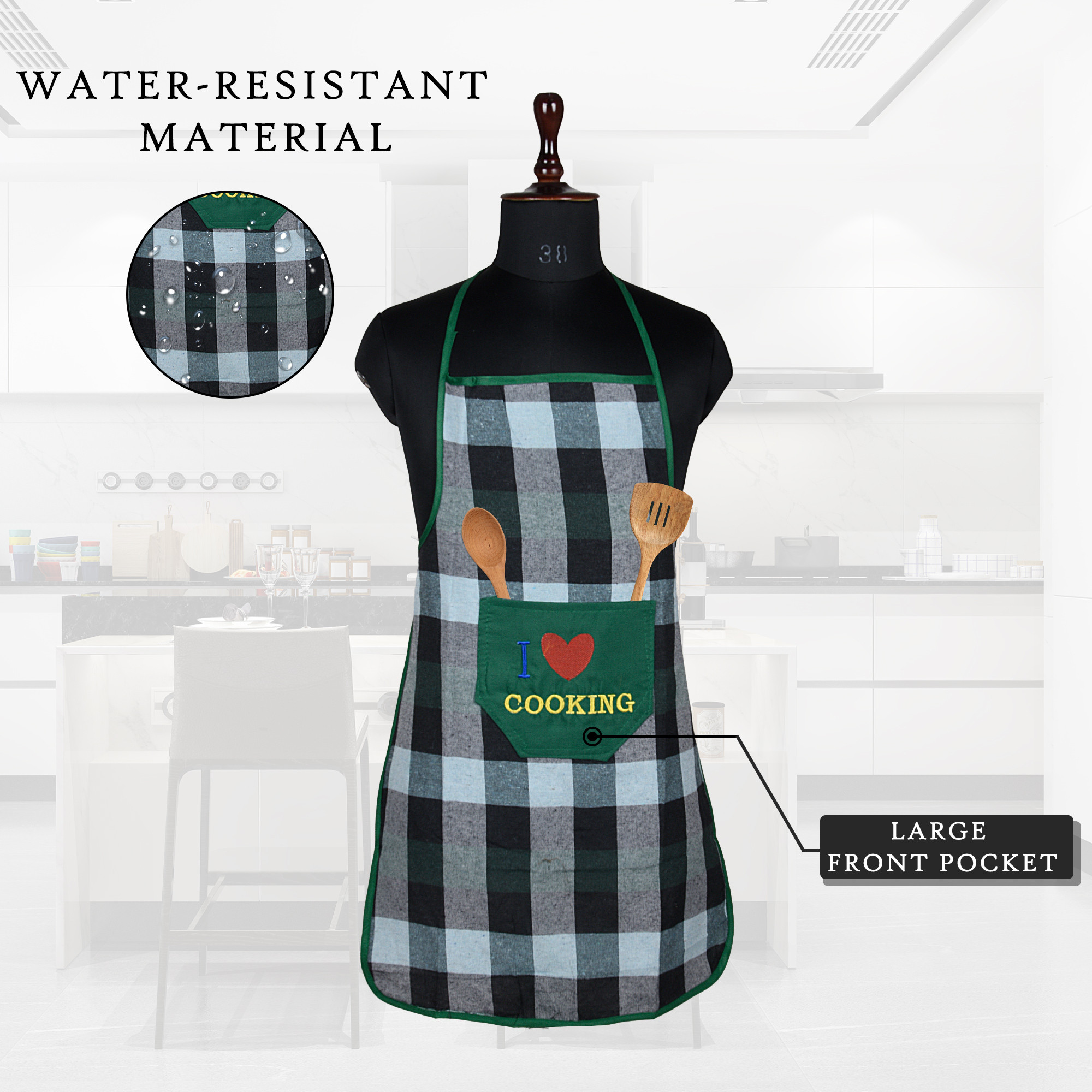 Kuber Industries Kitchen Apron  Kitchen Dress for Women  Waterproof Apron  Apron for Restaurant  Front Pocket  Apron for Chef  Cooking Apron for Men  Bada Check  Green