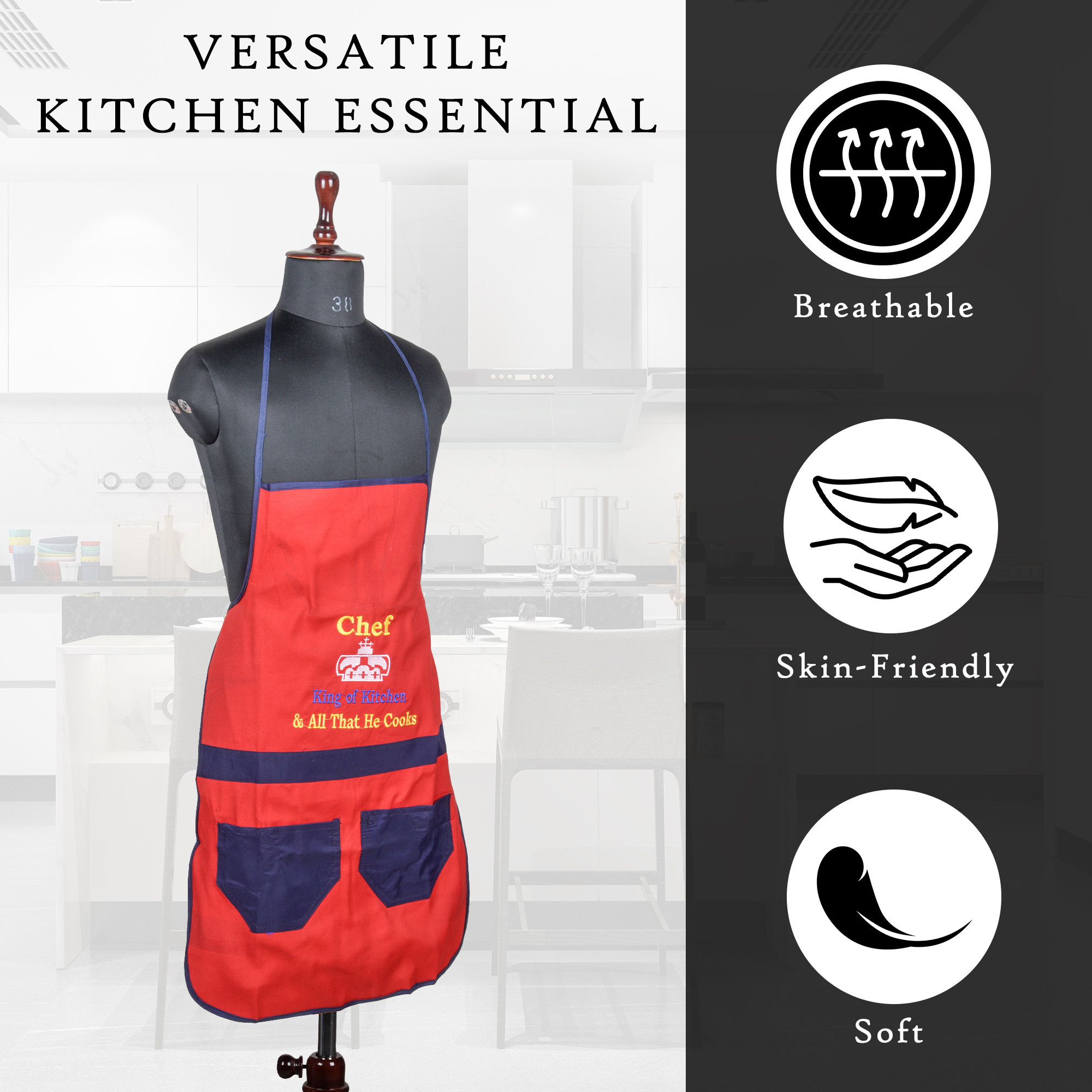 Kuber Industries Kitchen Apron  Kitchen Dress for Women  Waterproof Apron  Apron for Restaurant  Front Two Pocket  Apron for Chef  Cooking Apron for Men  Chef Design  Red
