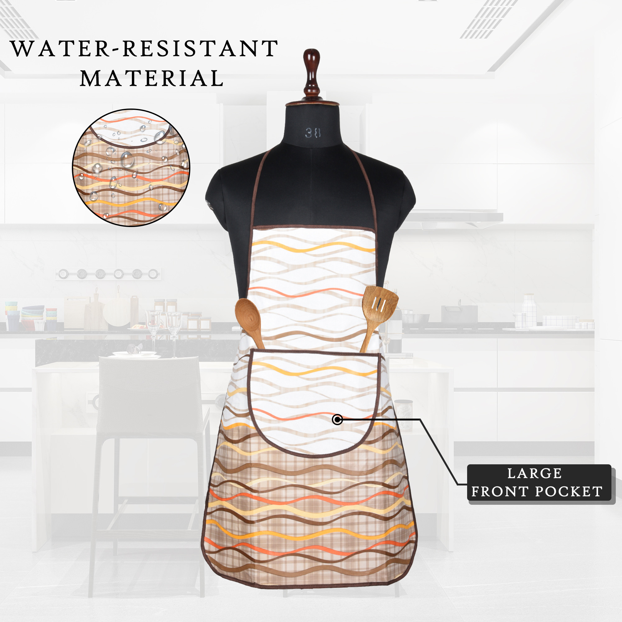 Kuber Industries Kitchen Apron  Kitchen Dress for Women  Waterproof Apron  Apron for Restaurant  Front Pocket  Apron for Chef  Cooking Apron for Men  Wave Print  Cream