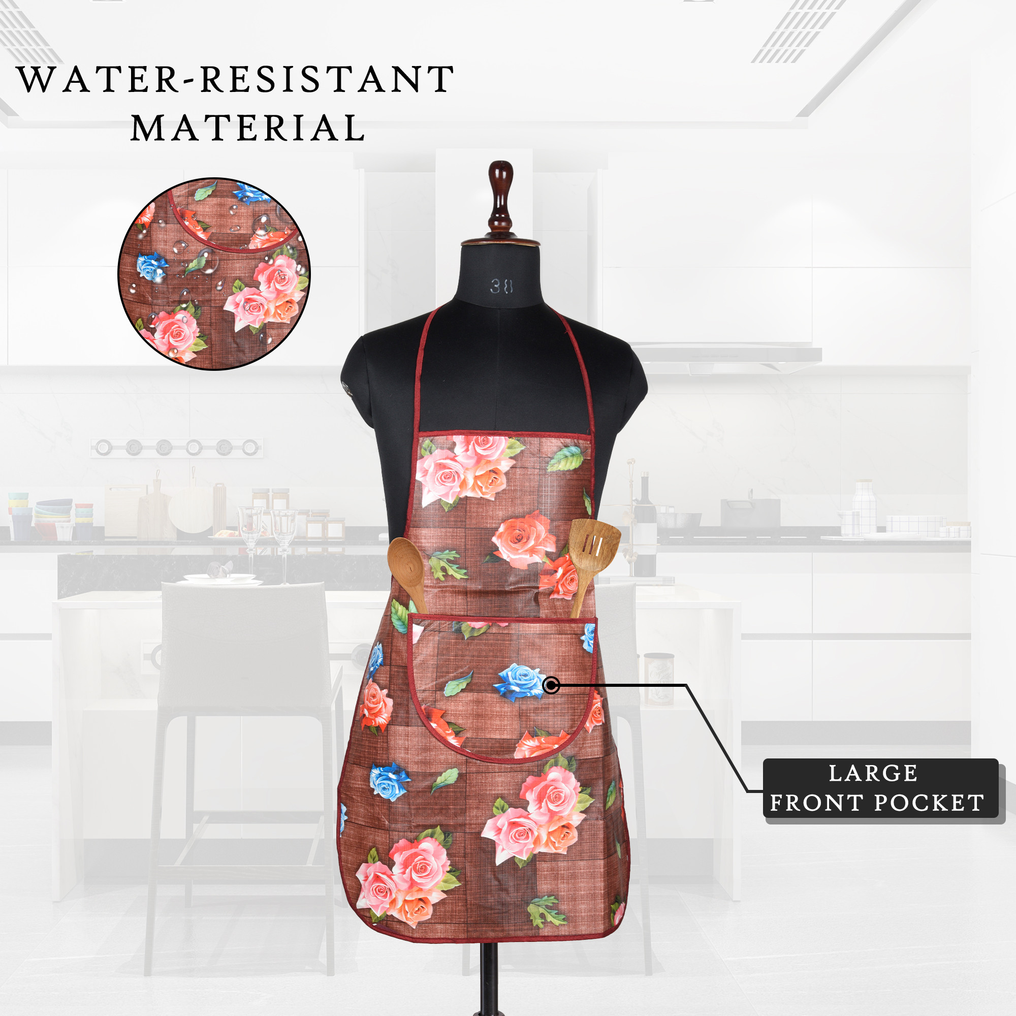 Kuber Industries Kitchen Apron  Kitchen Dress for Women  Waterproof Apron  Apron for Restaurant  Front Pocket  Apron for Chef  Cooking Apron for Men  Gulab Print  Maroon