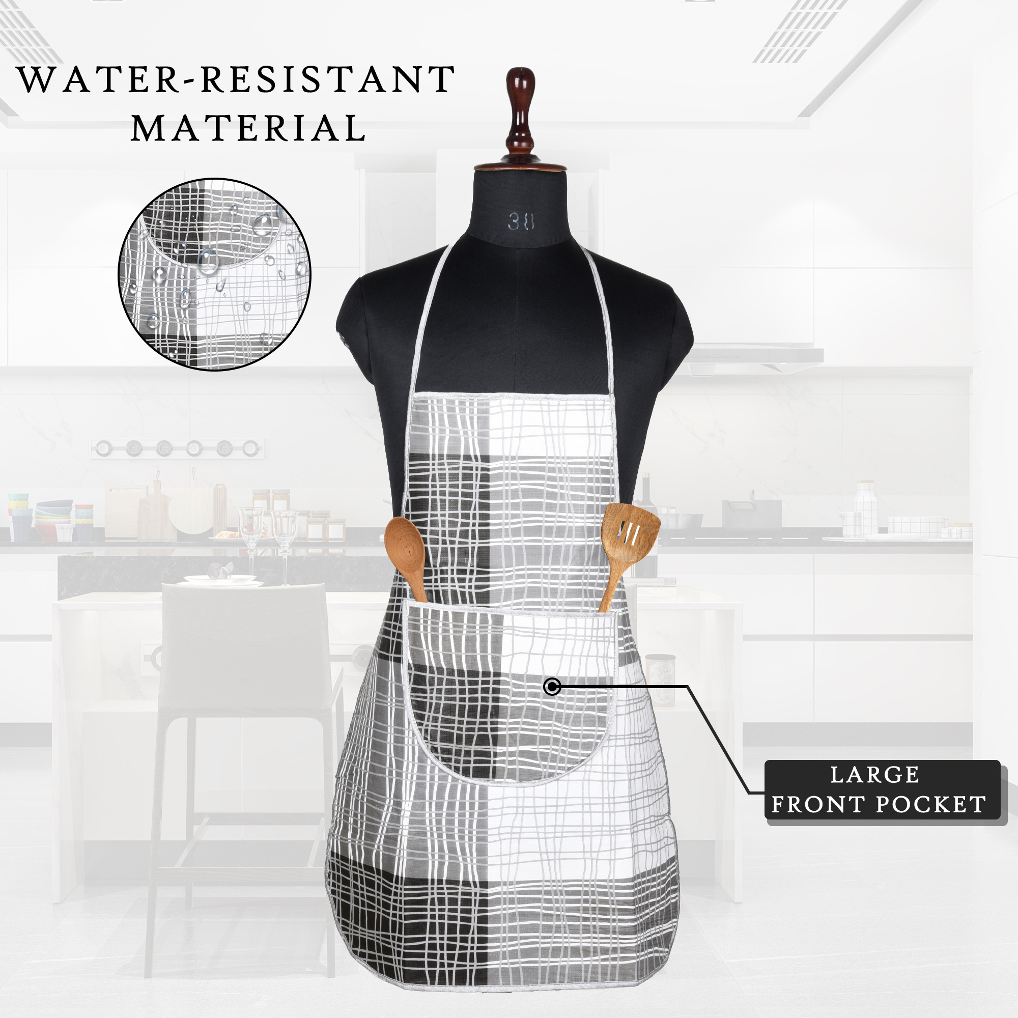 Kuber Industries Kitchen Apron  Kitchen Dress for Women  Waterproof Apron  Apron for Restaurant  Front Pocket  Apron for Chef  Cooking Apron for Men  Black Lining Print  Grey