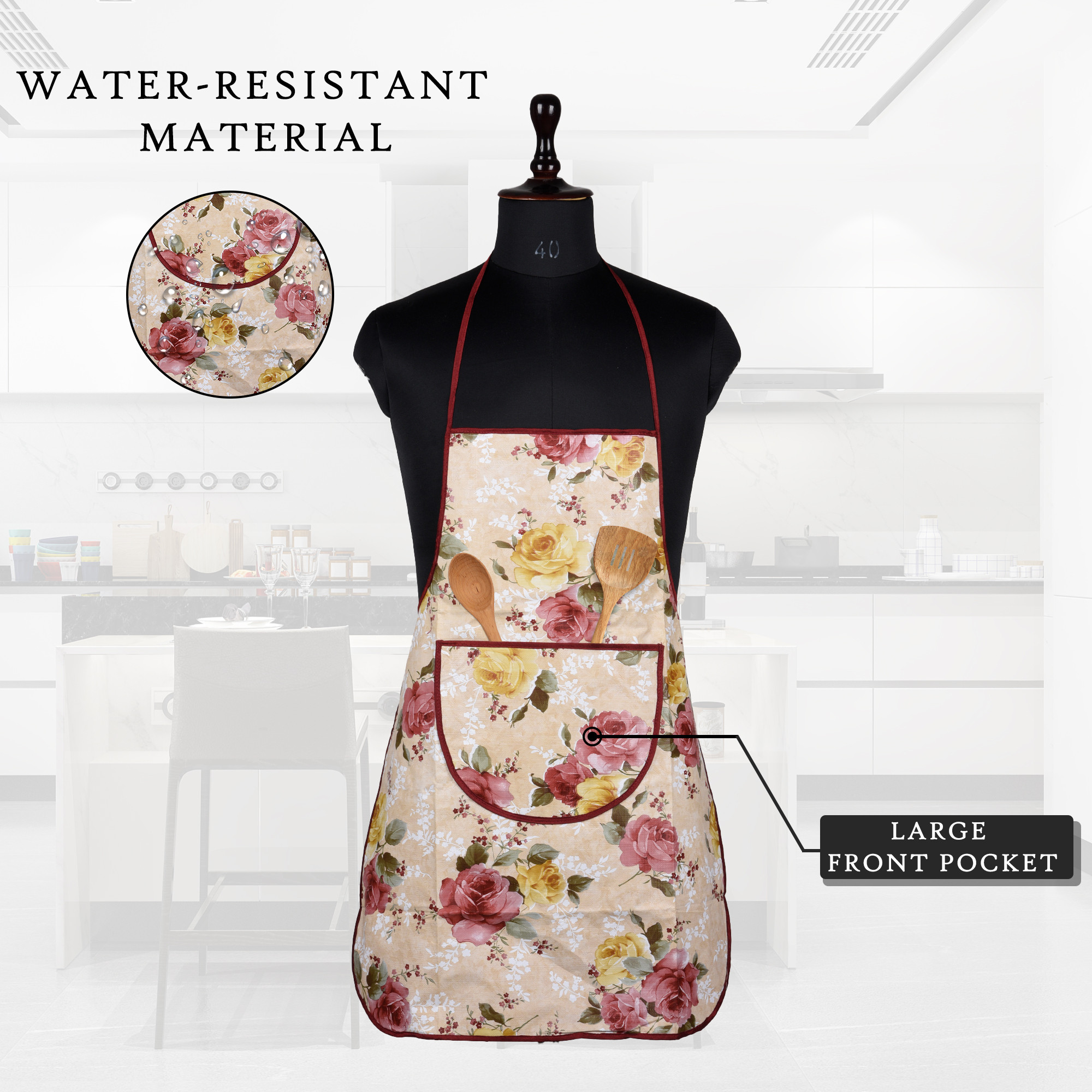 Kuber Industries Kitchen Apron  Kitchen Dress for Women  Waterproof Apron  Apron for Restaurant  Front Pocket  Apron for Chef  Cooking Apron for Men  Flower Print  Beige