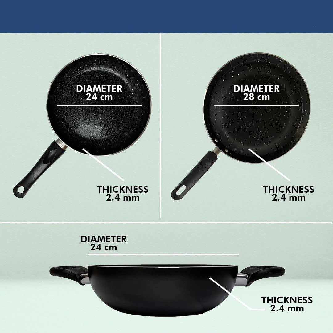 Kuber Industries Kitchen Combo Set | Hard Anodised Tawa 2.4 mm | Non Stick Kadai | Frying Pan Non Stick with Lid | Stove & Induction Cookware | Non Stick Set Combo | Medium | Set of 3 | Black