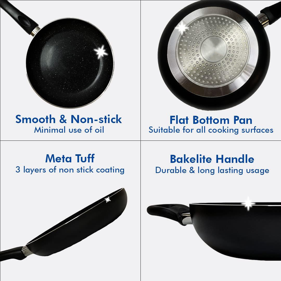 Kuber Industries Kitchen Combo Set | Hard Anodised Tawa 2.4 mm | Non Stick Kadai | Frying Pan Non Stick with Lid | Stove & Induction Cookware | Non Stick Set Combo | Medium | Set of 3 | Black