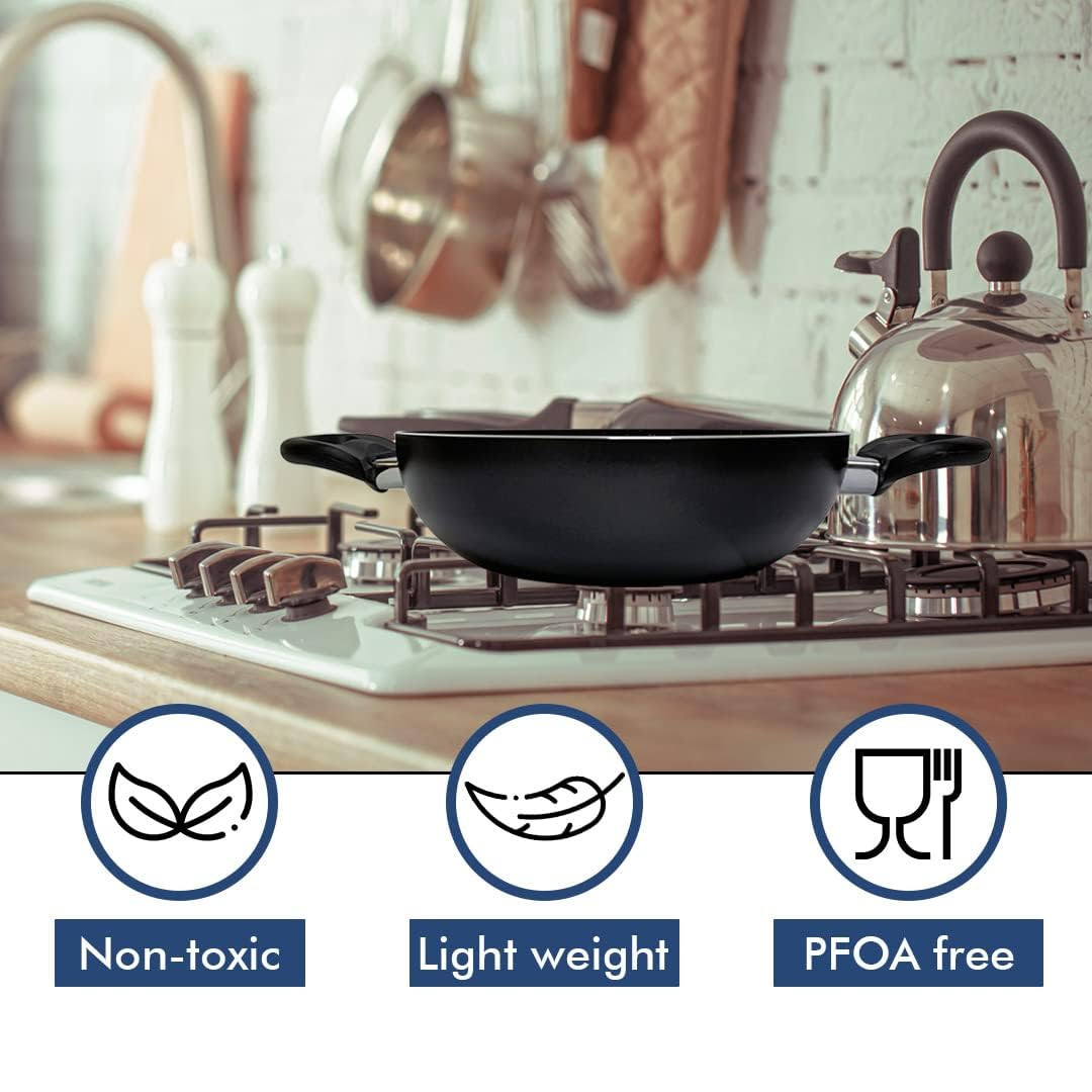Kuber Industries Kitchen Combo Set | Hard Anodised Tawa 2.4 mm | Non Stick Kadai | Frying Pan Non Stick with Lid | Stove & Induction Cookware | Non Stick Set Combo | Medium | Set of 3 | Black