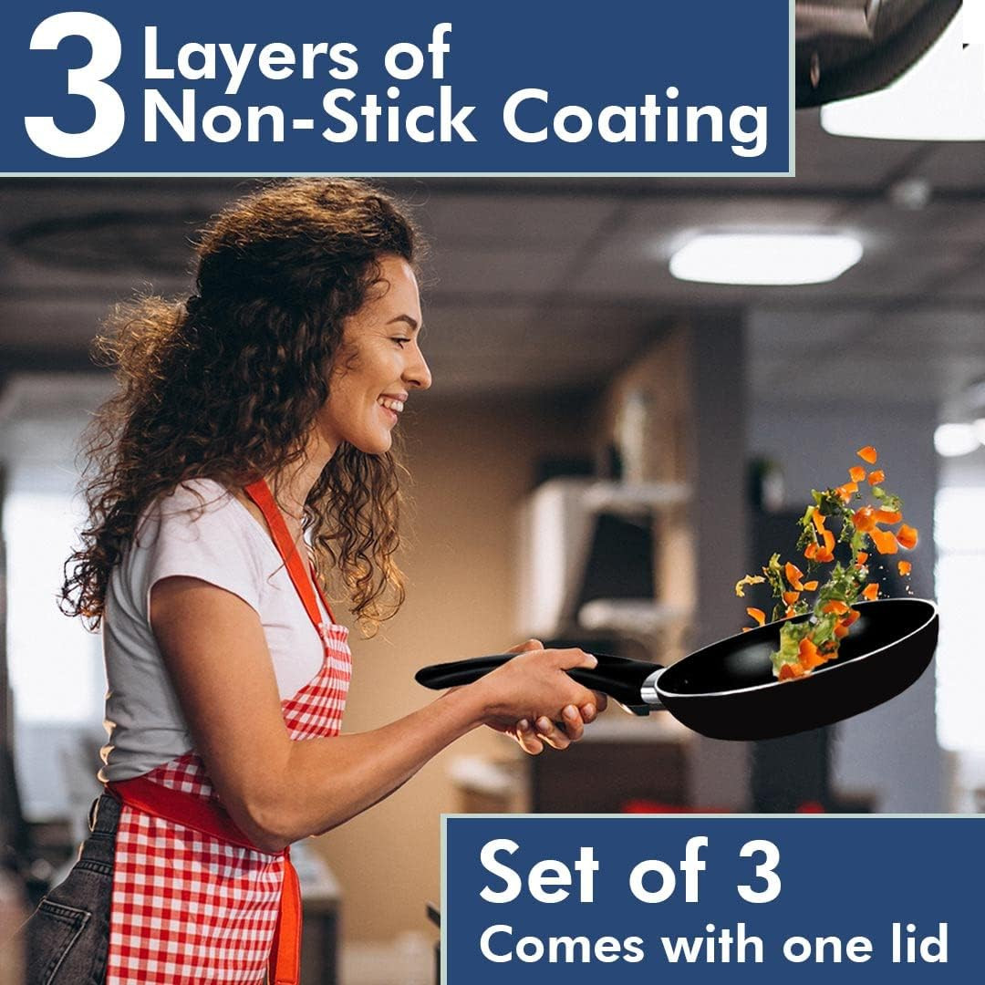 Kuber Industries Kitchen Combo Set | Hard Anodised Tawa 2.8 mm | Non Stick Kadai | Frying Pan Non Stick with Lid | Stove & Induction Cookware | Non Stick Set Combo | Medium | Set of 3 | Black