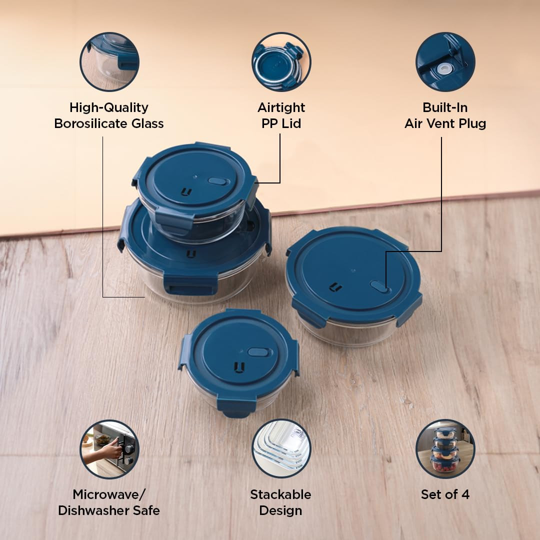 Kuber Industries Kitchen Containers | Air Tight Containers for Storage | Microwave & Freezer Safe Box | Kitchen Organizer with Lid | Round Contaniner | JINGDA015 | Set of 4 | Blue