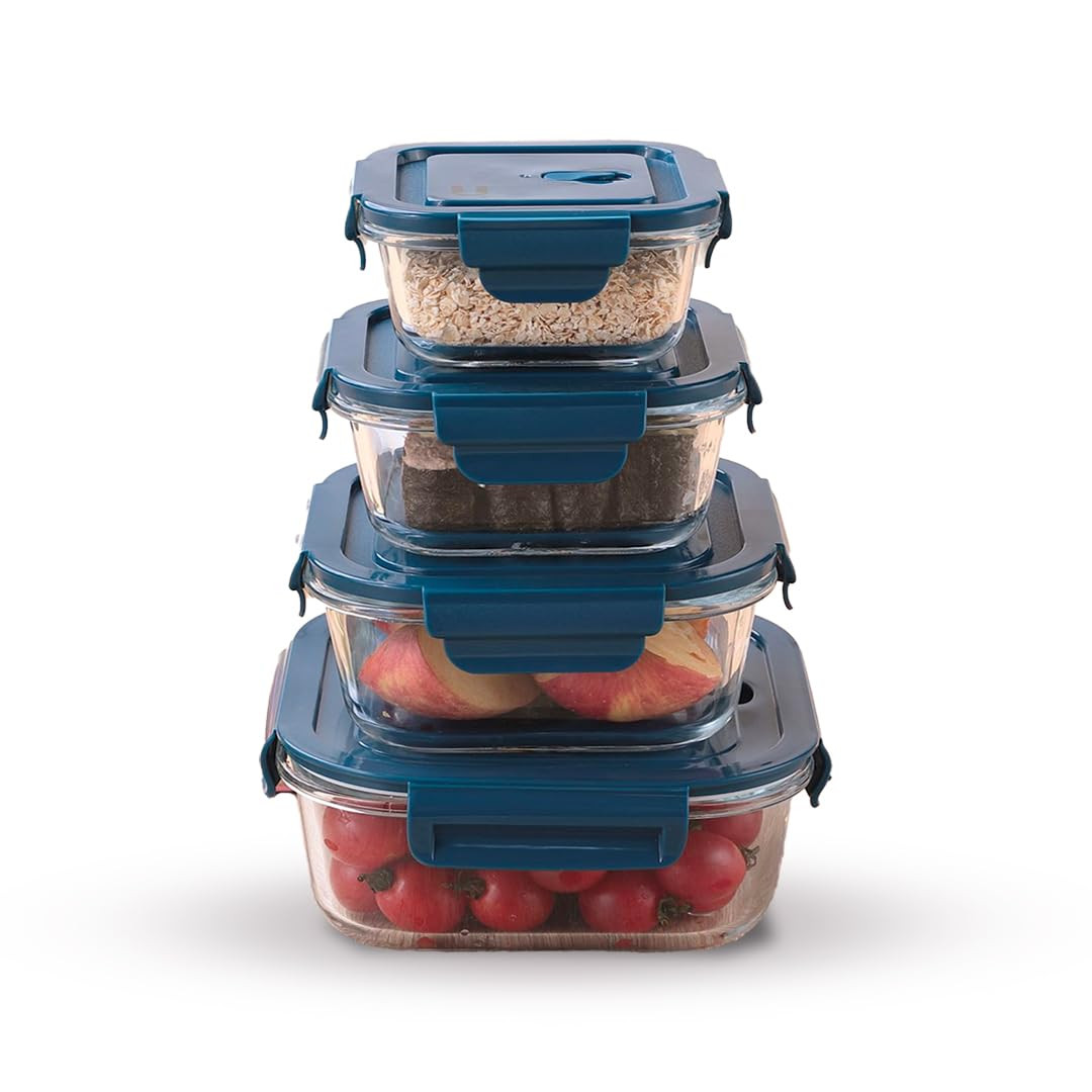 Kuber Industries Kitchen Containers | Air Tight Containers for Storage | Microwave & Freezer Safe Box | Kitchen Organizer with Lid | Square Contaniner | JINGDA014 | Set of 4 | Blue