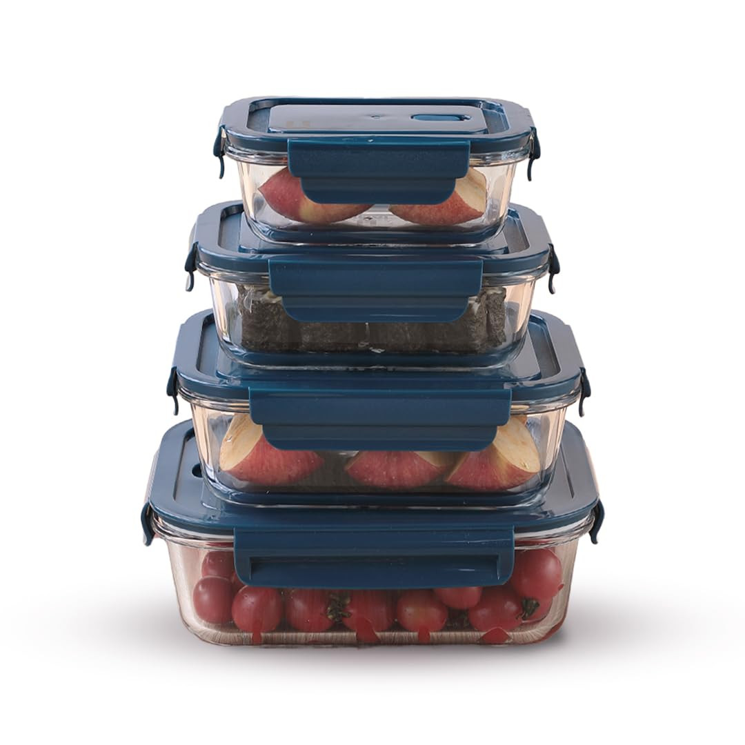 Kuber Industries Kitchen Containers | Air Tight Containers for Storage | Microwave & Freezer Safe Box | Kitchen Organizer With Lid | Rectangular Contaniner | JINGDA014 | Set of 4 | Blue