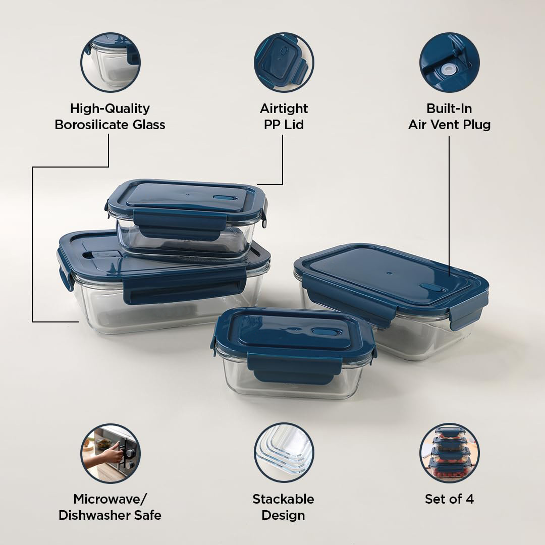 Kuber Industries Kitchen Containers | Air Tight Containers for Storage | Microwave & Freezer Safe Box | Kitchen Organizer With Lid | Rectangular Contaniner | JINGDA014 | Set of 4 | Blue