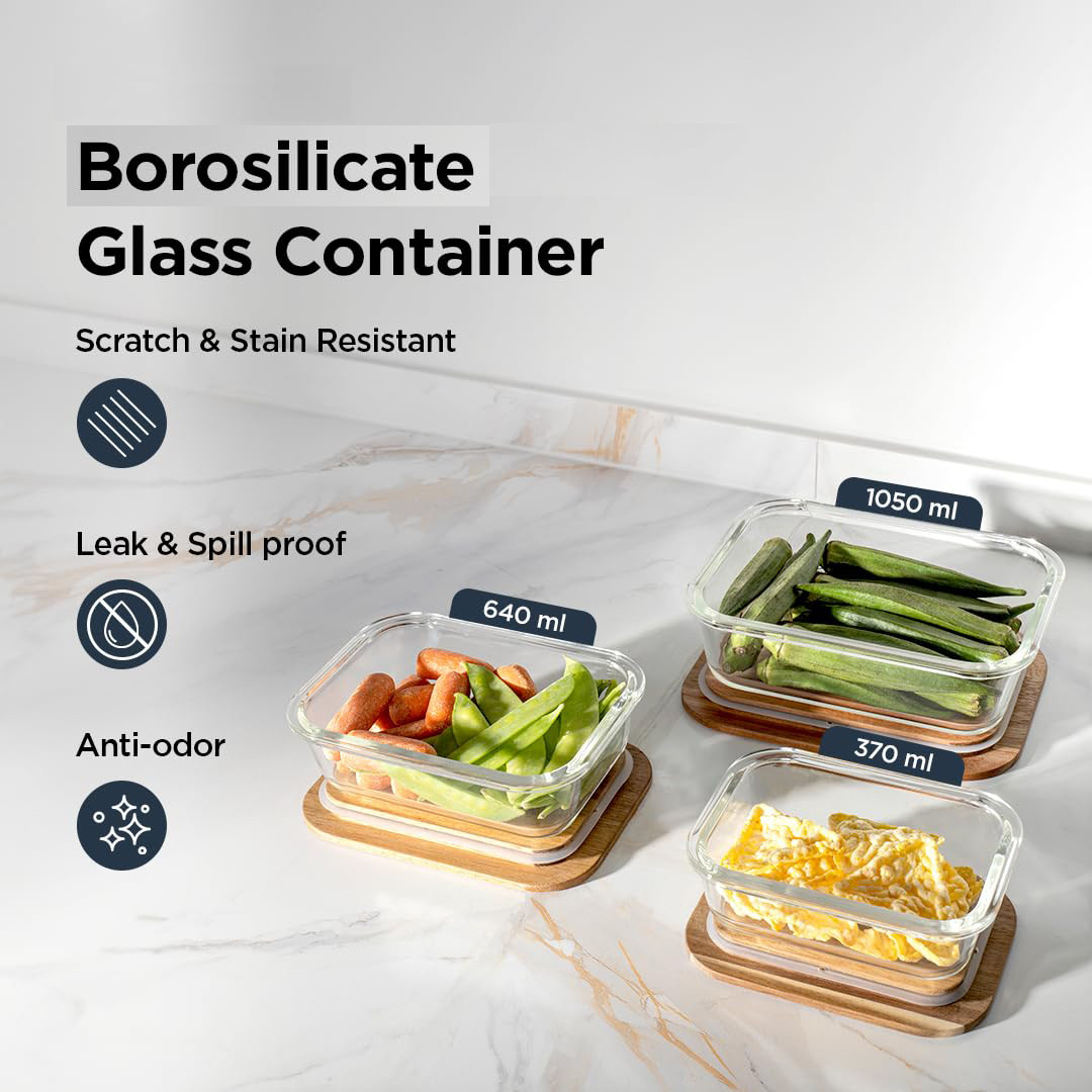 Kuber Industries Kitchen Containers | Air Tight Containers With Wooden Lid | Kitchen Storage Organizer | Microwave Safe Box | Container Set for Kitchen | Set of 3 | Transparent